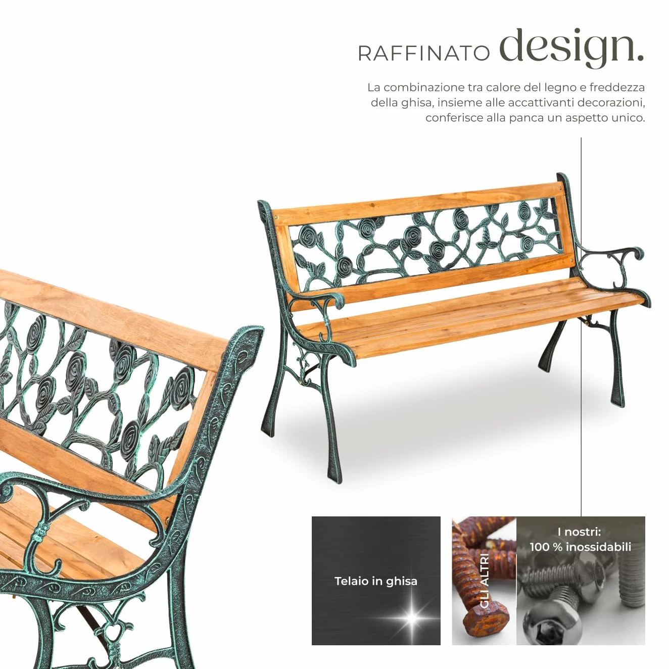 tectake Panca da Giardino in Legno e Ghisa 2 Posti con Schienale Resistente alle Intemperie 124 x 52 x 74 cm Marrone
