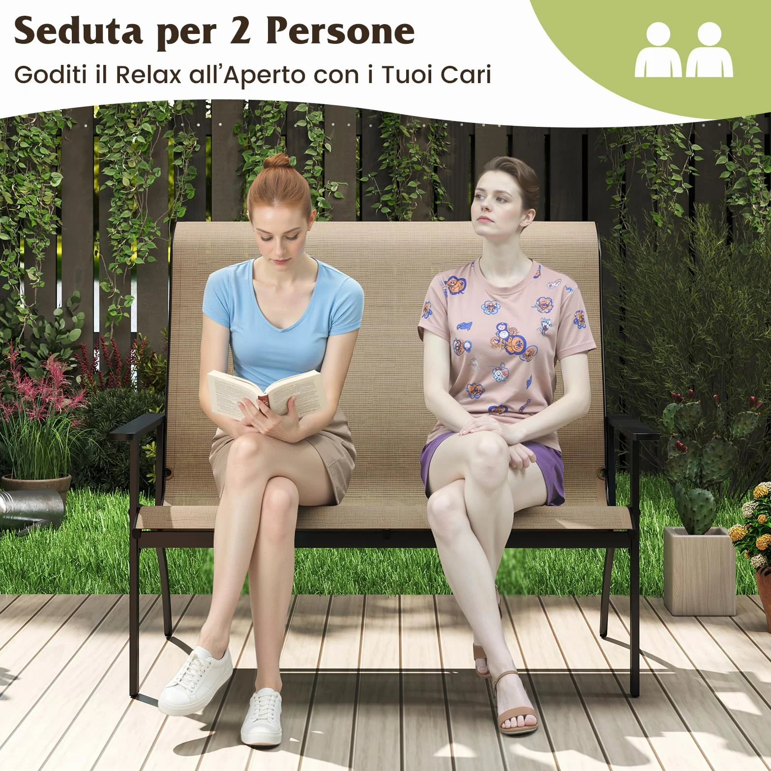 COSTWAY Sedia Esterno a 2 Posti, Panca da Giardino con Schienale Alto e Braccioli, Poltrona da Giardino a 2 Persone, per Terrazzo Patio Cortile, Portata 400 kg