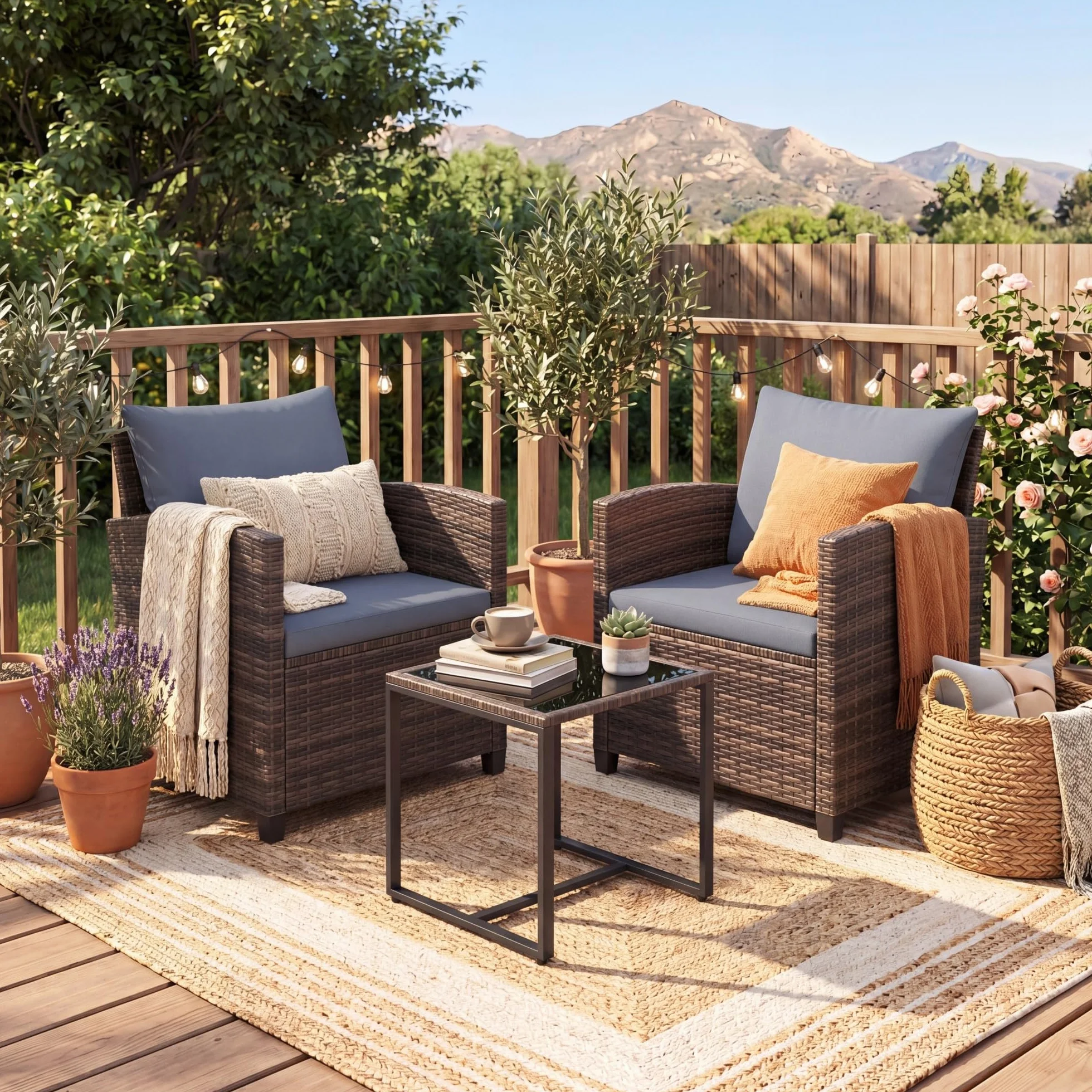 GIANTEX Set da Giardino 3 Pezzi, Salotto Esterno 2 Poltrone con Cuscini + Tavolino in Vetro, Marrone+Grigio