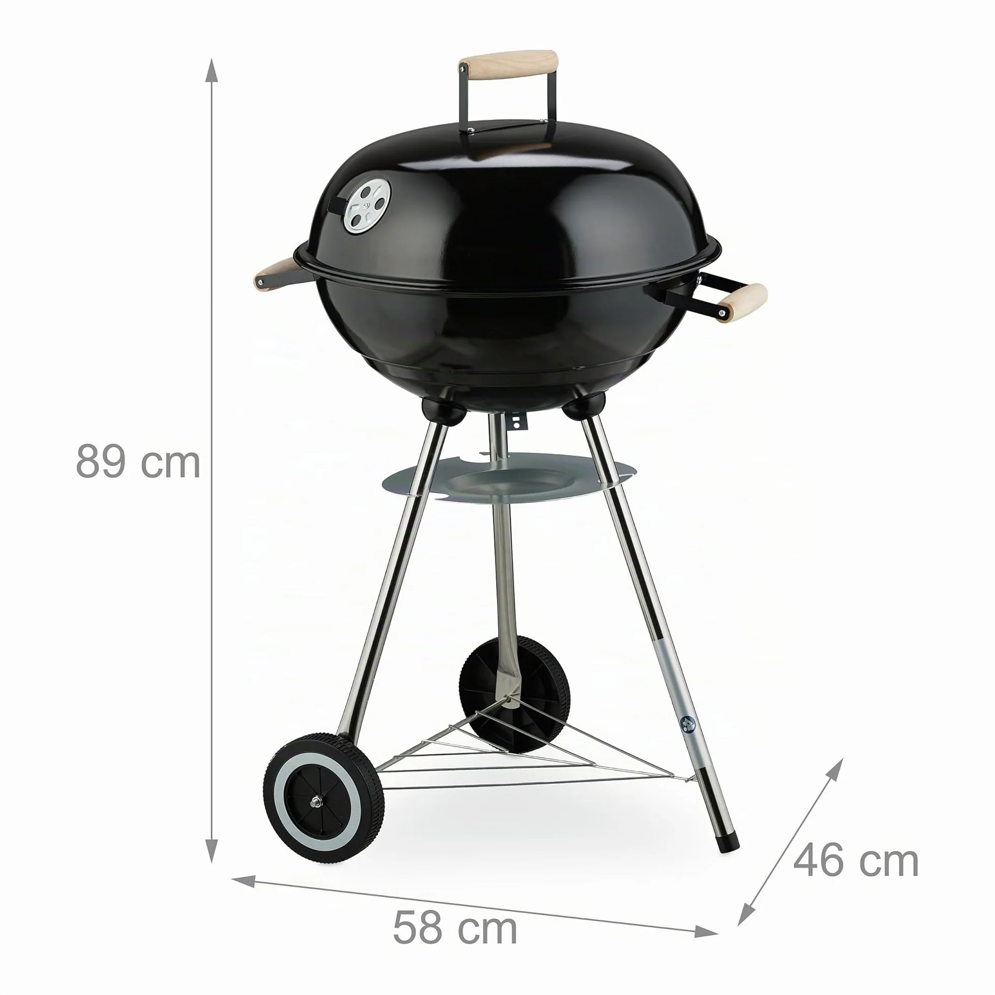 Relaxdays Grill a Carbonella Rotondo Ø 44 cm z Coperchio, 2 Koła, Czarny