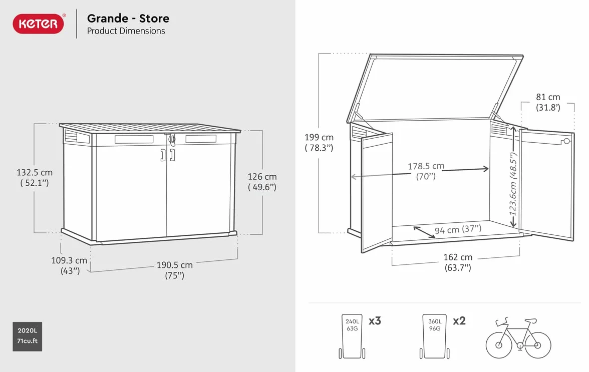 Keter Porta Attrezzi da Esterno Cortina Mega, Ideale per il Giardino, Grigio Scuro, 190,5x109,3x132,5H cm, 2020L