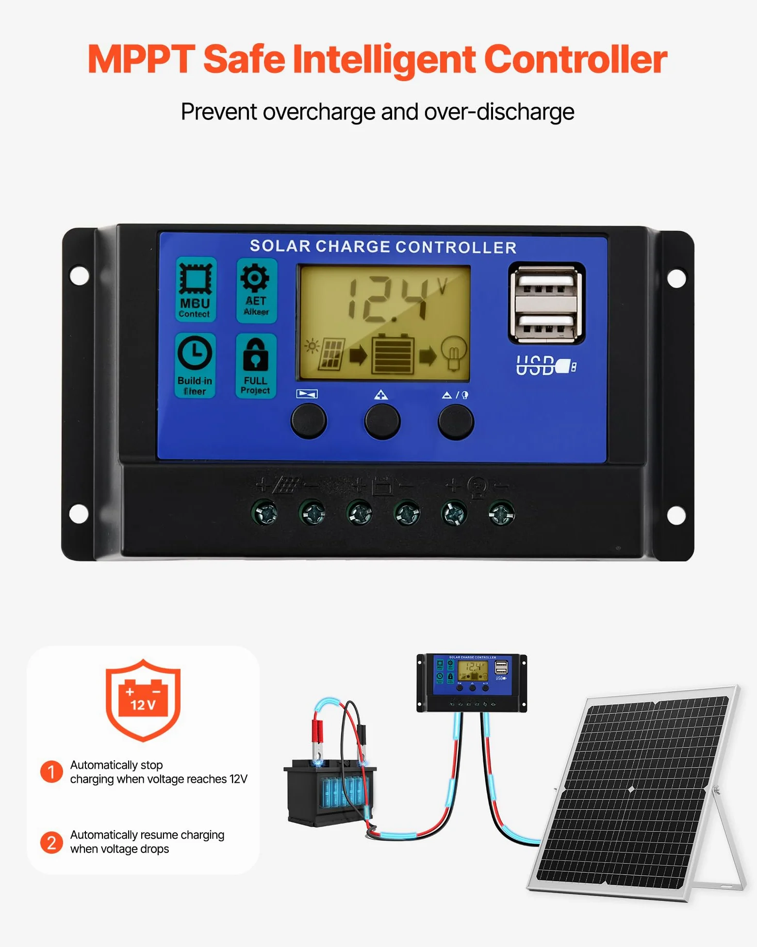 VEVOR Caricabatteria Solare 30 W 12 V MPPT Regolatore IP67 Impermeabile