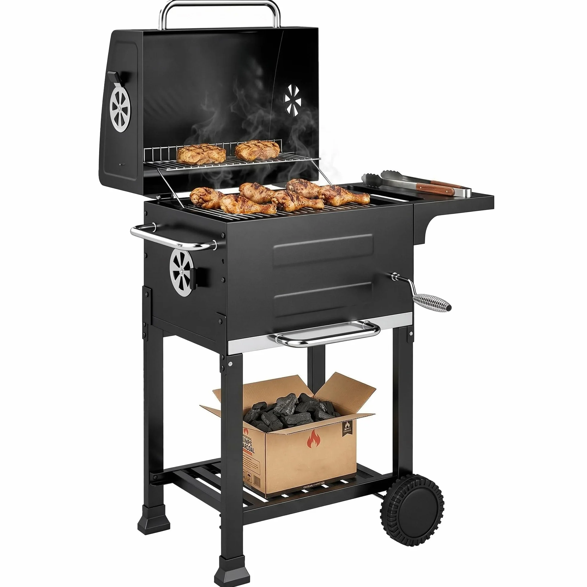 Outsunny Barbecue Carbonella Stretto z Rusztem, Regulowany Nawiew, Wózek BBQ z Pokrywą, Stal, Półka, Termometr, Popielnik, Czarny
