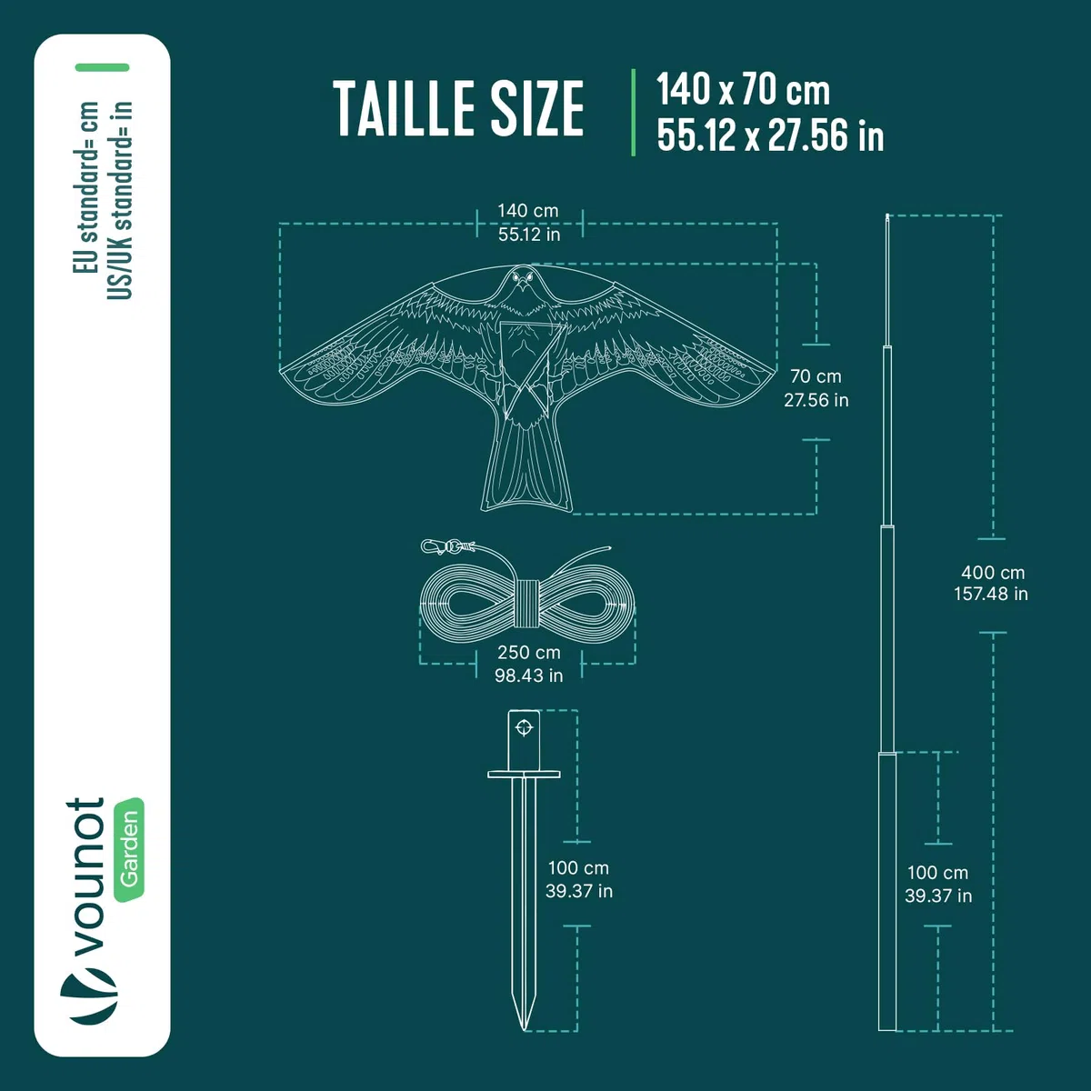 VOUNOT® Spaventapasseri Uccelli con Aquilone Falco Realistico, Dissuasore Uccelli da Esterno con Asta Telescopica 4 m e 2 Aquiloni Intercambiabili, per Giardino, Orto e Fattoria, Modello E&G