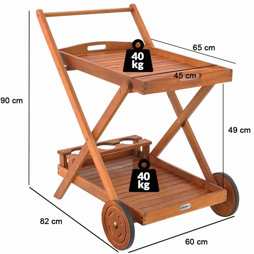 Casaria Carrello da Cucina Portavivande Legno di Acacia FSC 2 Ripiani Vassoio 3 Portabottiglie