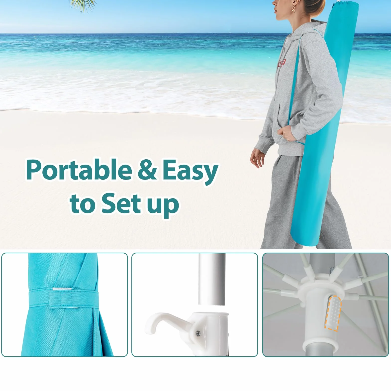 KOMFOTTEU Ombrellone da Spiaggia 200cm UV50+ Pieghevole Leggero con Borsa