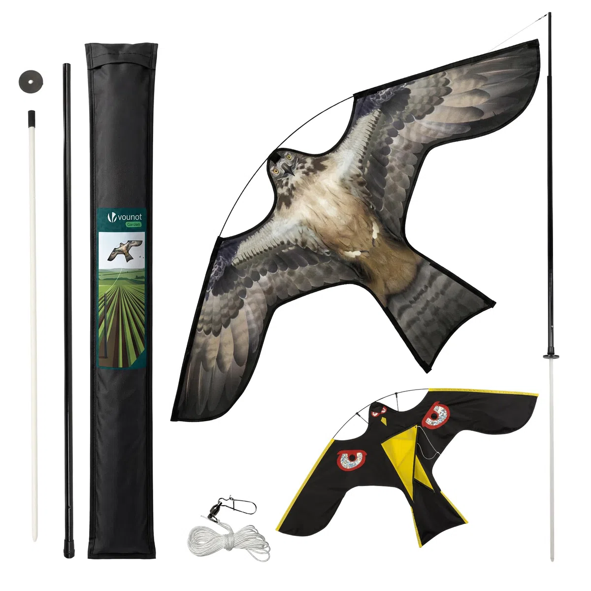 VOUNOT® Spaventapasseri Uccelli con Aquilone Falco Realistico, Dissuasore Uccelli da Esterno con Asta Telescopica 4 m e 2 Aquiloni Intercambiabili, per Giardino, Orto e Fattoria, Modello E&G