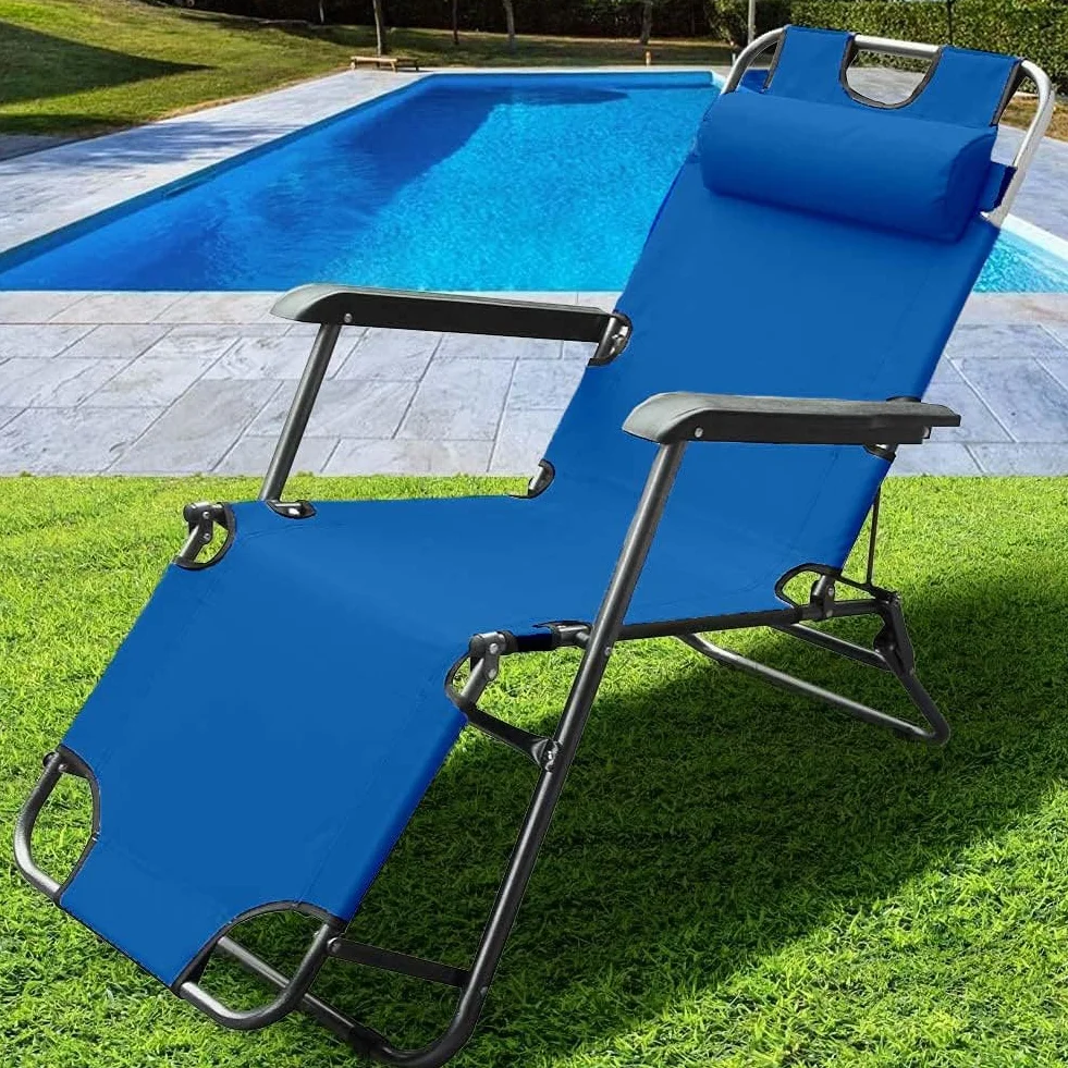 BAKAJI Sedia Sdraio Reclinabile in Lettino Prendisole Esterno Giardino Poltrona Relax Pieghevole in Metallo e Tessuto Oxford Traspirante con Poggiatesta Imbottito Terrazzo Piscina Spiaggia (Blue)