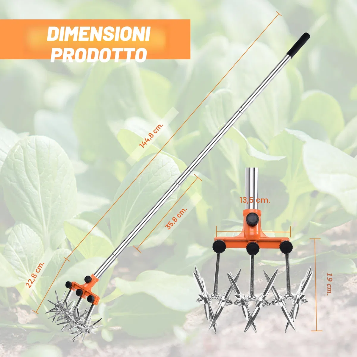 BARAYSTUS Rotary Cultivator Garden Rotary Tiller Adjustable Stainless Steel Poles Hand Tiller for Soil Mixing or Reseeding Grass Lawn Tiller Total Length 145cm