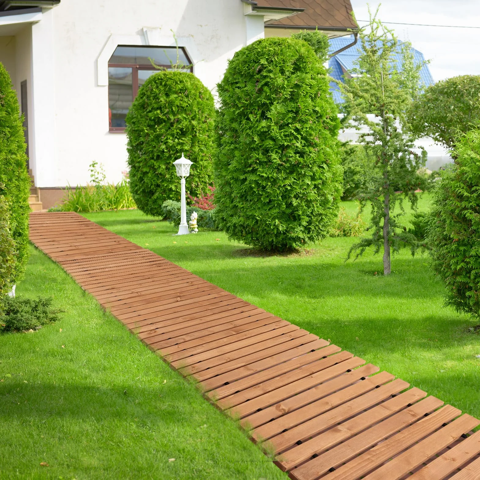 SOARS Passerella da Giardino Arrotolabile 245 cm, Sentiero da Prato in Legno di Abete con Cavi in Acciaio, Percorso da Prato Antiscivolo per Cortile e Spiaggia (Marrone, 245 x 43 cm)