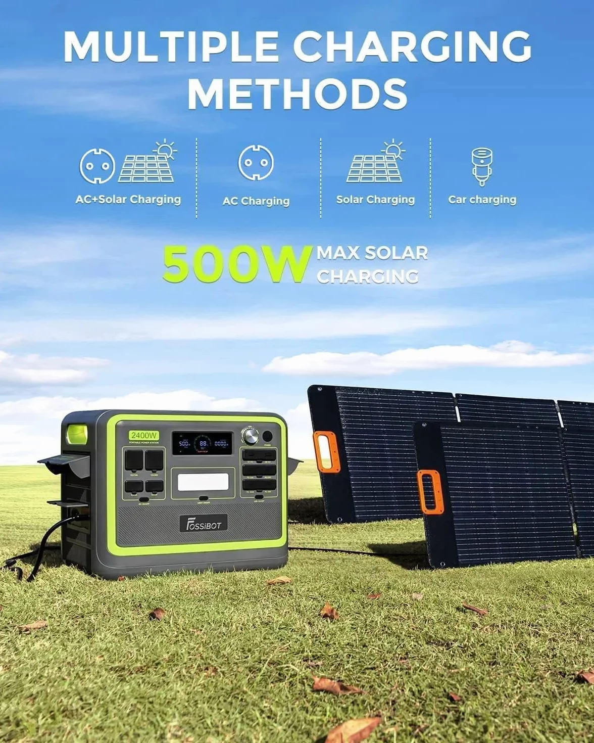FossiBot F2400 Powerstation 2040 Wh con pannelli solari 2 × 200 W, generatore LiFePO4 con uscite AC da 2400 W (picco 4800 W), accumulatore di emergenza per campeggio