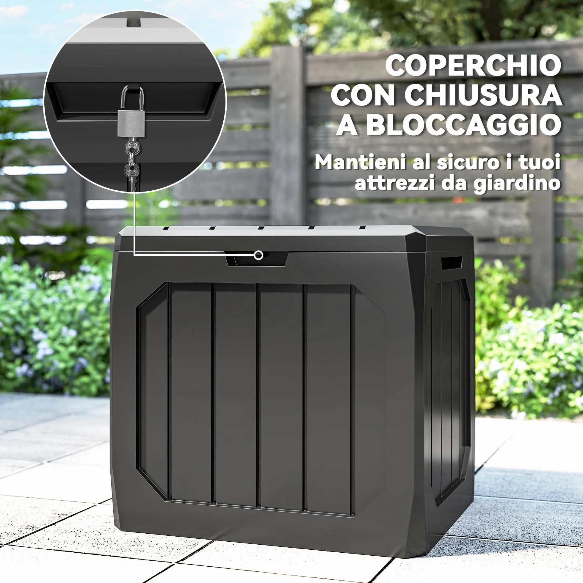 Outsunny Baule da Giardino 121L Plastica Impermeabile Bloccabile 56x45x53 cm Nero