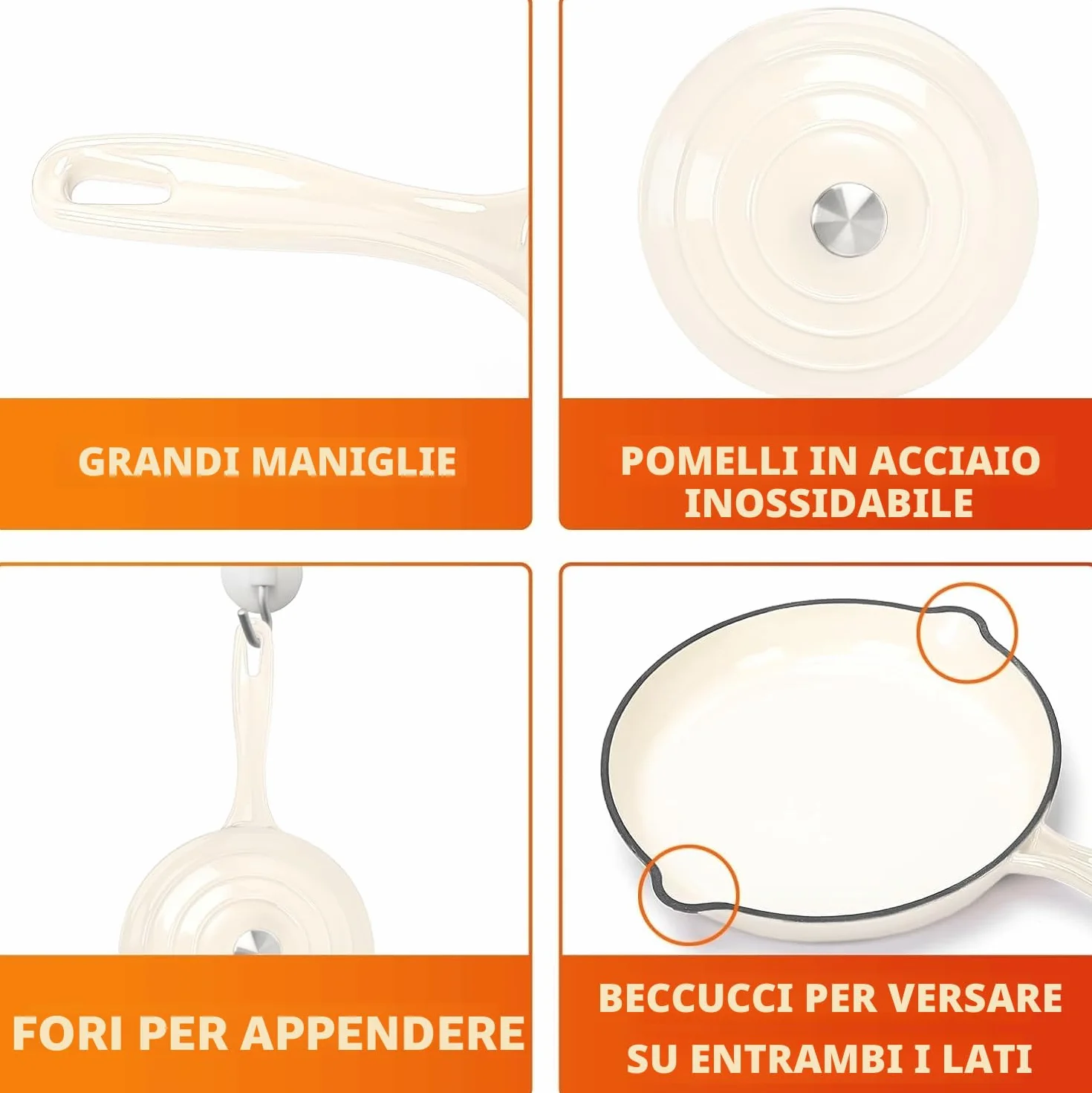 Denmay Set di pentole in ghisa smaltata – Set di 7 pezzi con forno olandese, padella, stufato, pentola per salsa con 3 coperchi, set da forno olandese, adatto per tutti i piani cottura, bianco crema