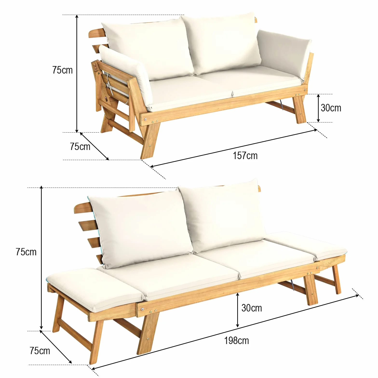 GIANTEX Divano Esterno da Giardino 2 Posti con Cuscino，Set da Giardino in Legno Certificato FSC®，Sdraio da Giardino Pieghevole da 2 Persone,153/194 x 72 x 76 cm，Beige/Grigio
