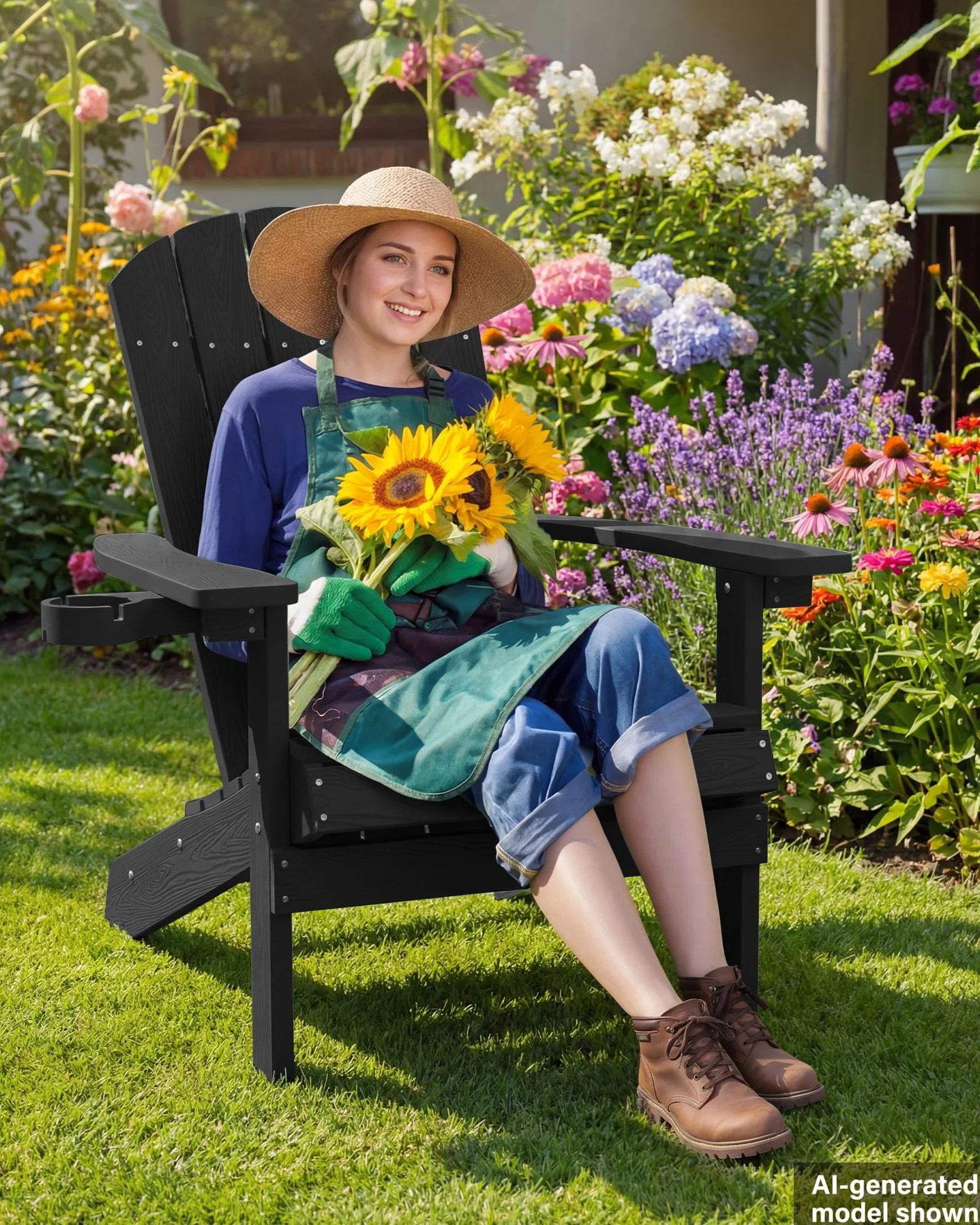 MXIMU Adirondack - Sedia da giardino per esterni, con schienale ergonomico e confortevole, resistente ai fianchi, con portabicchieri, per tutte le condizioni atmosferiche, per patio, braciere