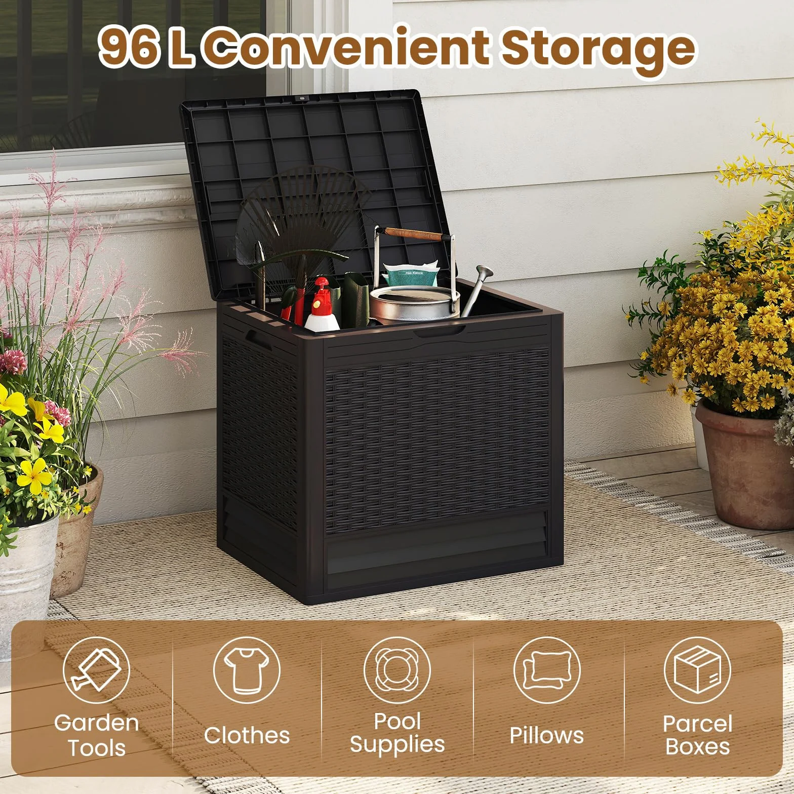 GIANTEX Contenitore da 96L, Scatola da Terrazza in PP Impermeabile per Uso Interno ed Esterno, Contenitore con Design in Rattan Chiudibile a Chiave per Consegna Pacchi (Marrone)