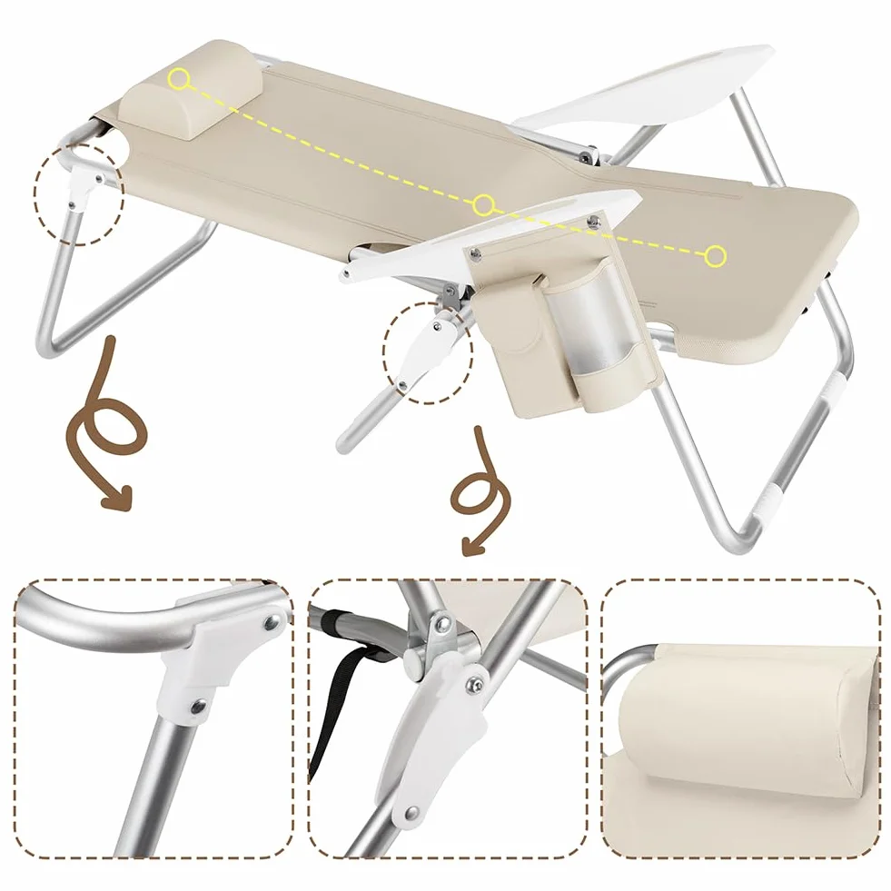 BAKAJI Sedia Pieghevole da Spiaggia in Alluminio con Tasca e Borsa Termica (Beige)