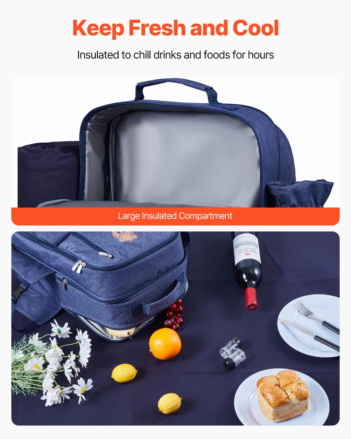 VEVOR Zaino da Picnic per 4 Persone, Capacità di 20 L Borsa da Picnic da Spiaggia con Portabottiglie Vino Staccabile, Coperta Leggera, Piatti e Sei di Posate per Esterni, Blu Marino