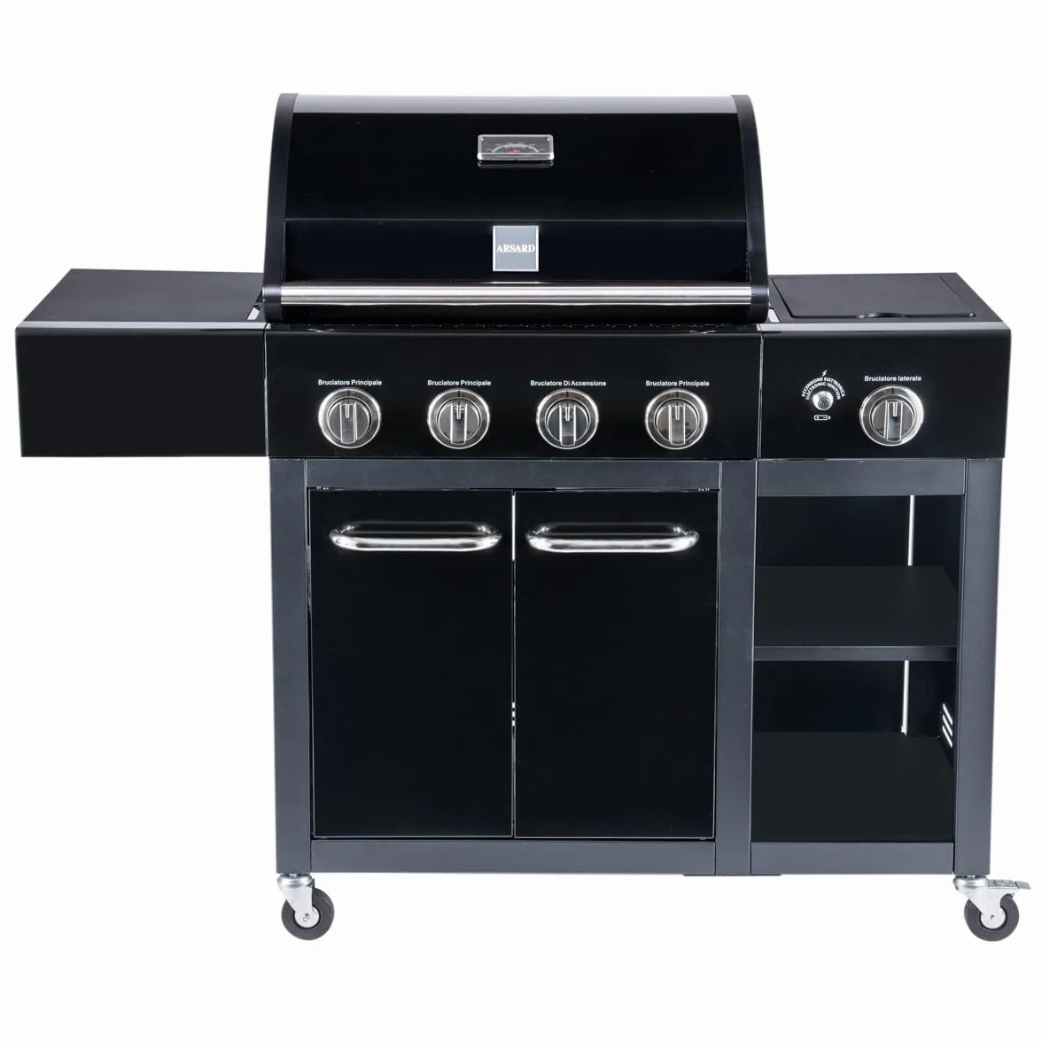 Arsard Barbecue a Gas Professionale XXL 5 Fuochi 16 KW Griglia Ghisa Acciaio Inox Bruciatore Laterale Coperchio Termometro