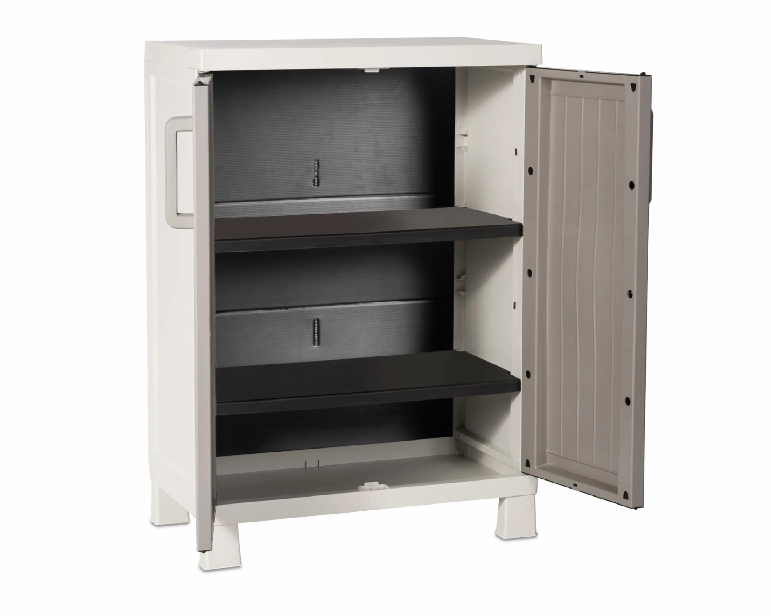 Toomax Armadio Wood Midi Basso 65x37x93h cm in plastica resistente effetto legno grigio tortora/grigio chiaro, con 2 ripiani regolabili e piedini, ideale per garage, cantine e spazi interni