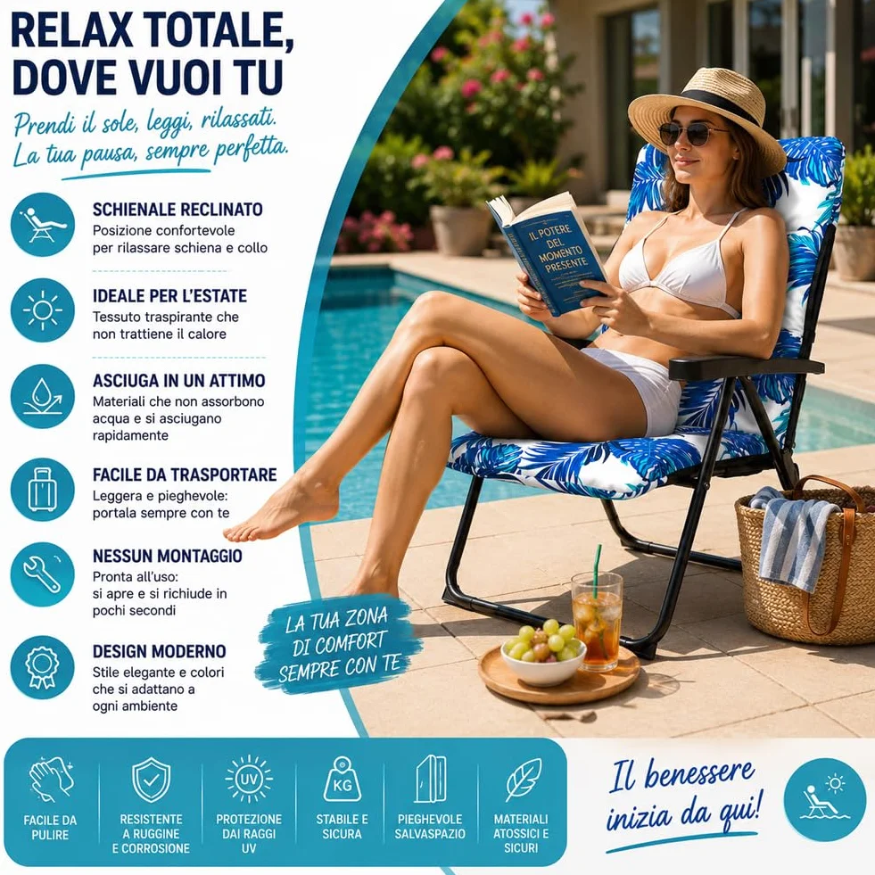BAKAJI Sedia Sdraio Relax con Cuscino e Imbottitura ad Altissima Densità, Struttura Pieghevole Salvaspazio, Design Floreale, Braccioli Ergonomici, Ideale per Interno ed Esterno, 68 x 58 x 45 x 108 cm