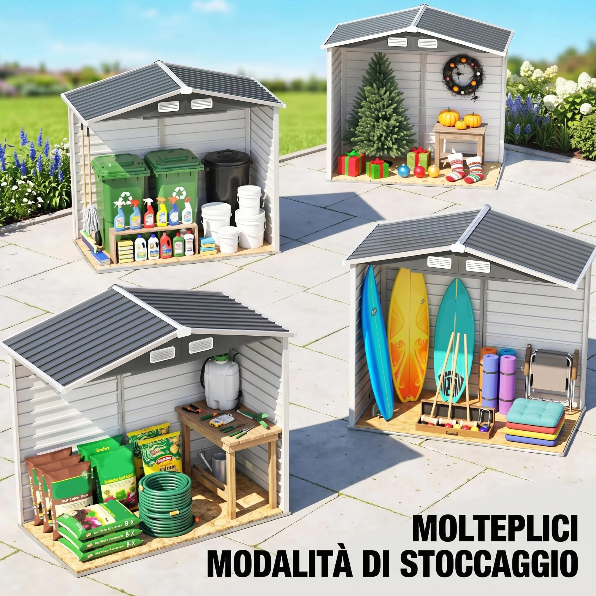 Outsunny Casetta da Giardino 2.36 m² Lamiera d'Acciaio 4 Prese d'Aria 2 Porte Scorrevoli Capanno Porta Attrezzi Tetto Inclinato 213x120x194 cm Grigio Scuro