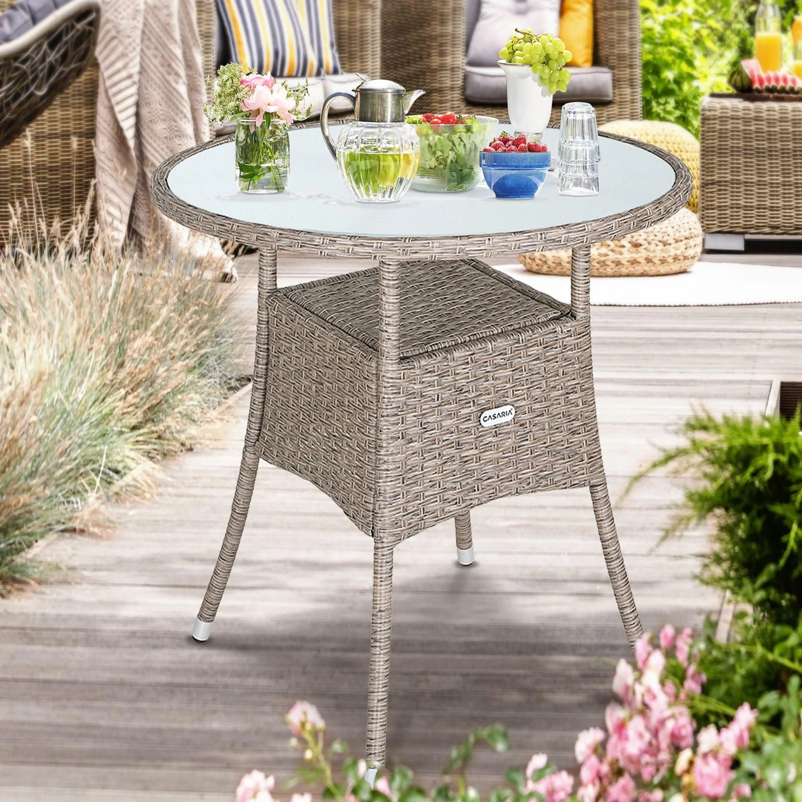 Casaria Tavolo Rotondo da Giardino Polyrattan Ø60 Piano in Vetro 5mm Altezza Regolabile