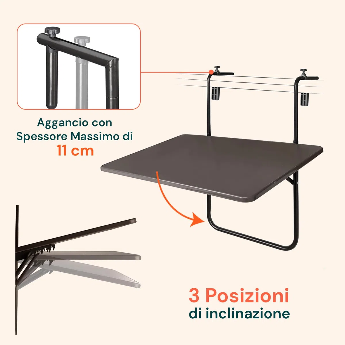 Avilia Tavolino Pieghevole da Balcone e Terrazzo con Struttura in Metallo, Acciaio - Tavolo da Ringhiera Pieghevole per 2 Persone
