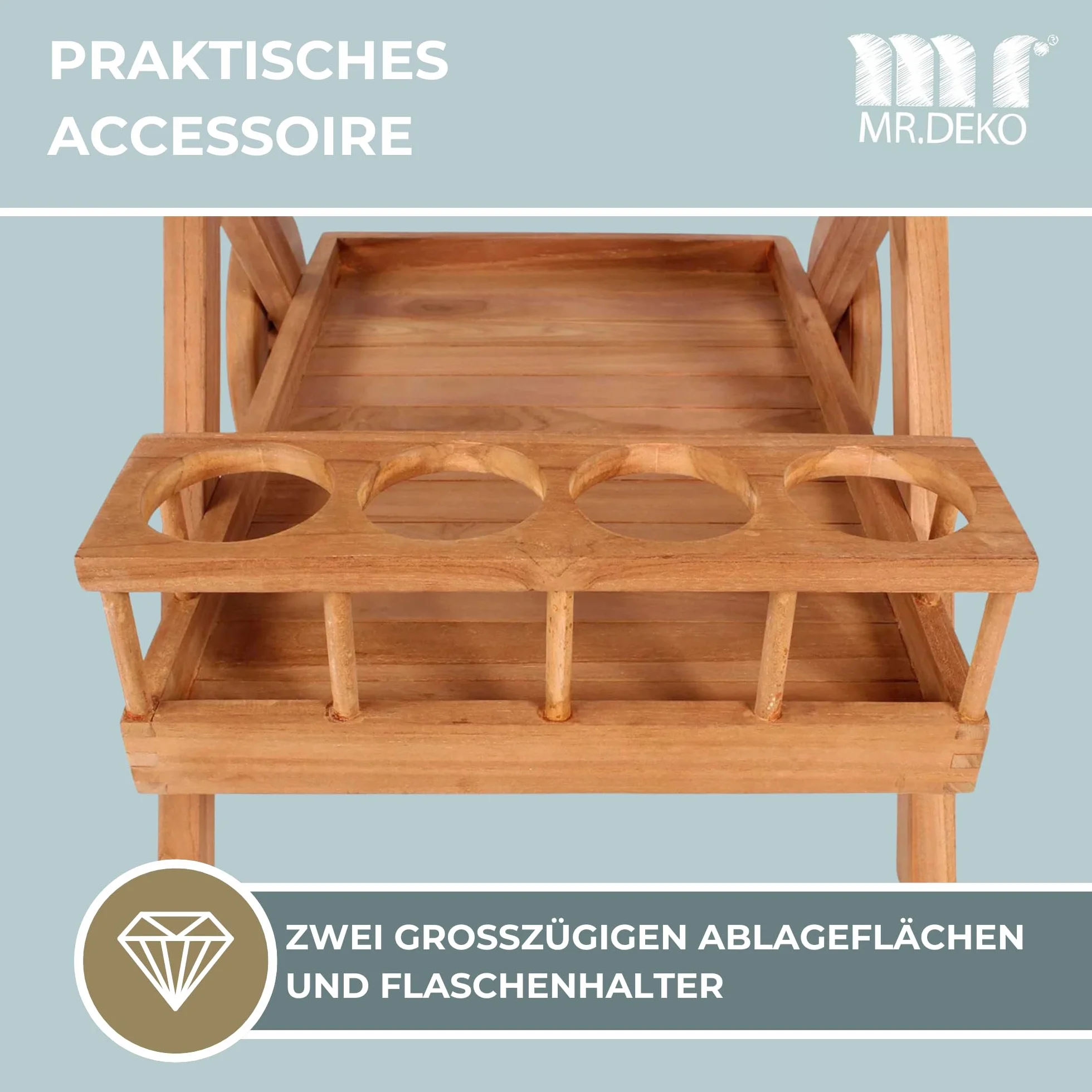 MR. DEKO® Carrello da portata Chester in teak – Tavolo da giardino – Mobili da esterno