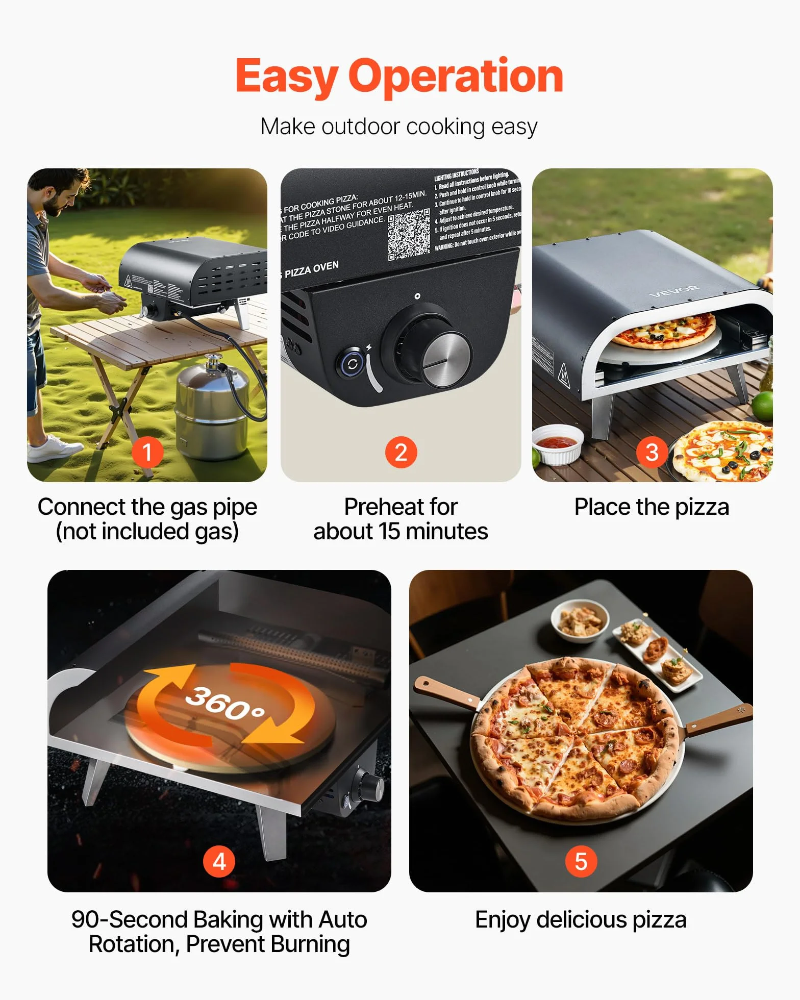 VEVOR Forno per Pizza da Esterno a Gas Propano 304,8 mm con Rotazione Elettrica, Pietra Spessa, Nero