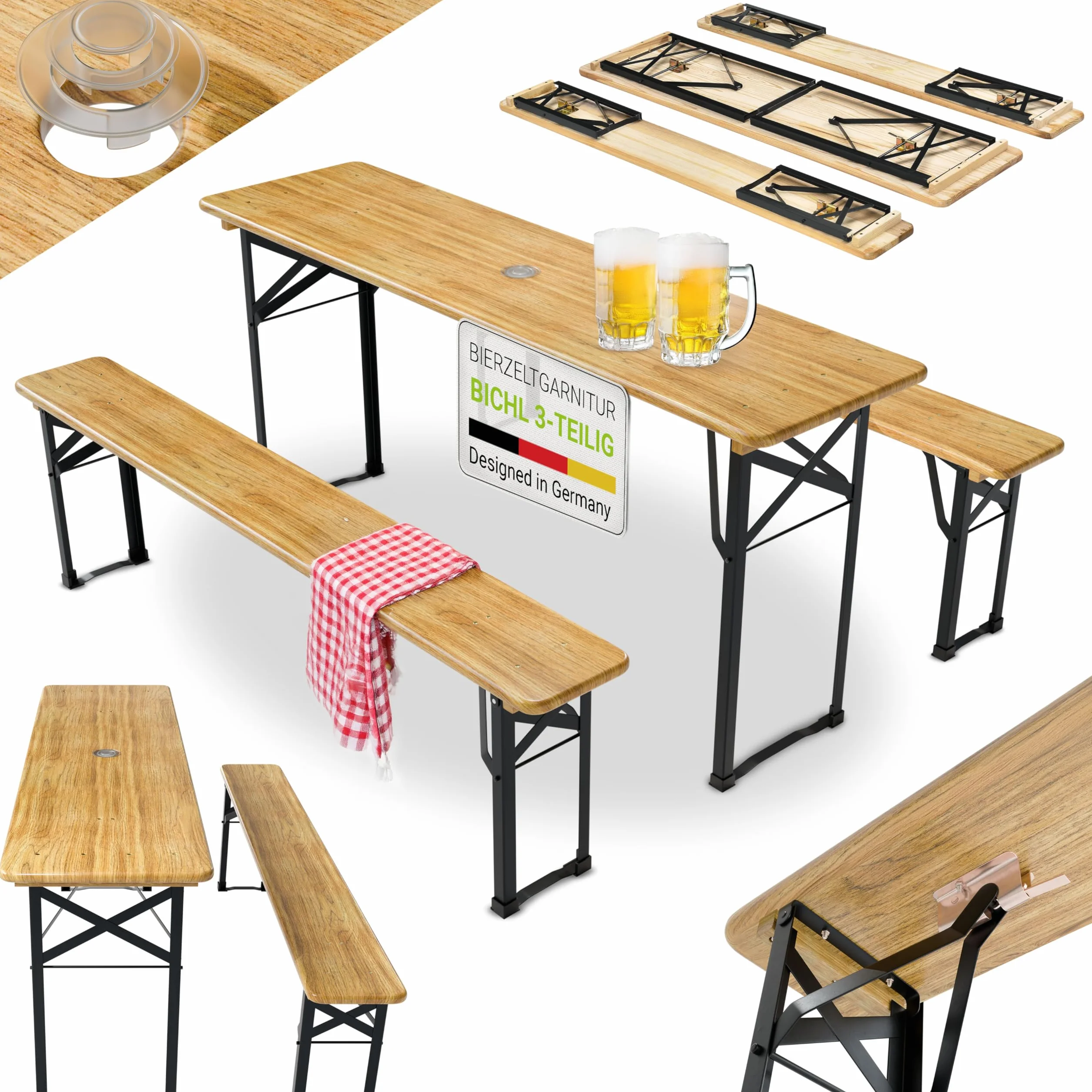 Juskys Set birreria Bichl 3 pezzi pieghevole 170x46x77 cm - Set mobili da giardino tavolo da birra e 2 panche da birra