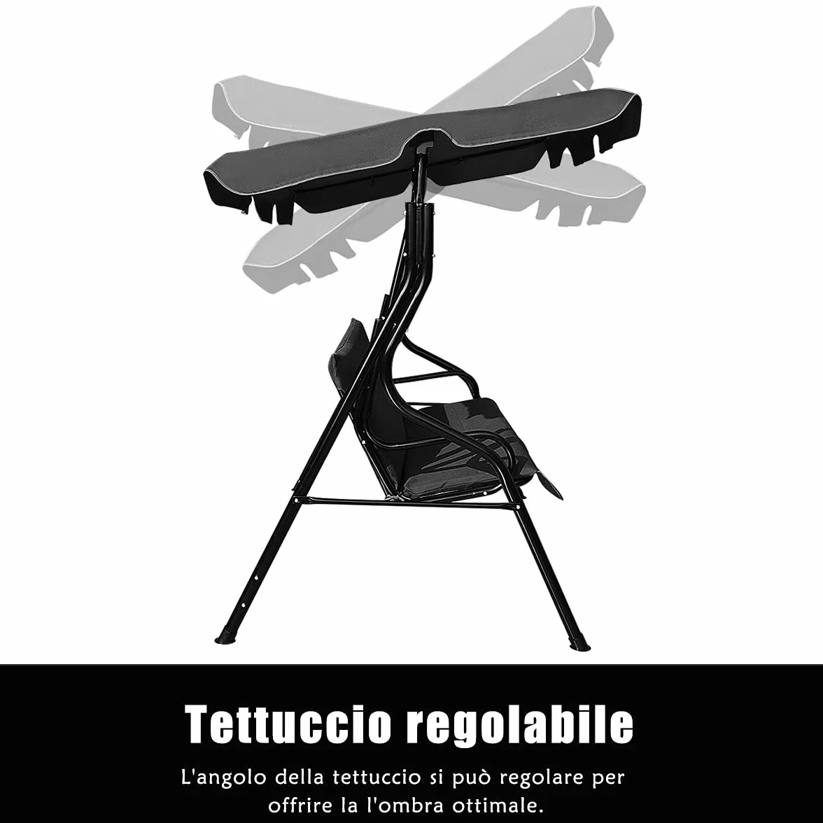 RELAX4LIFE Dondolo da Giardino 2/3 Posti, Dondolo da Esterno in Acciaio, Tettuccio Parasole Regolabile, per Arredo Giardino, Terrazzo e Balcone (170x110x153cm, Nero)