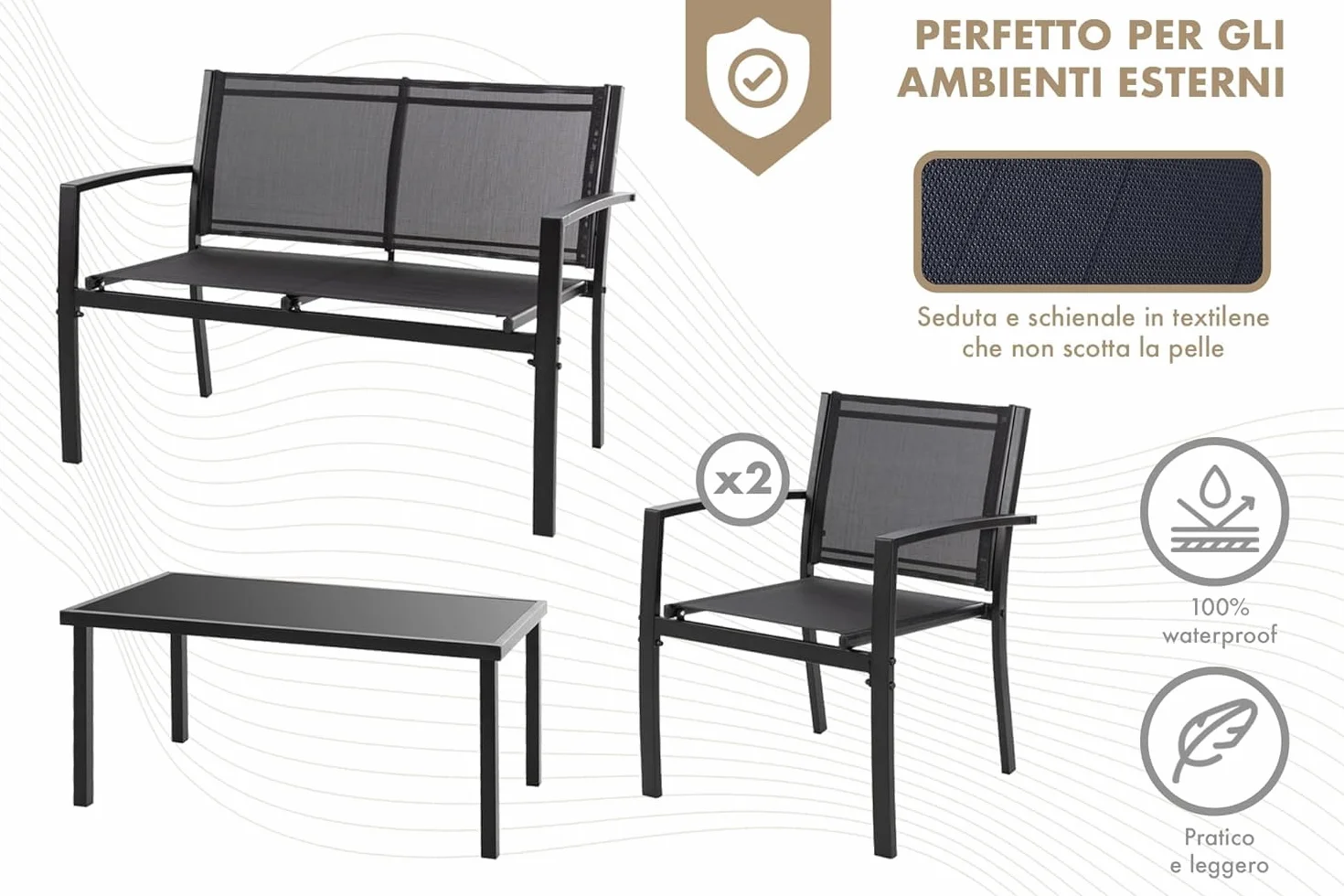 Salotto Da Esterno In Acciaio 2 Poltrone 1 Divano 1 Tavolo Giardino Esterno Con Seduta In Textilene Patio Salottino Relax Primavera Estate Mobili Estivi 4 Posti Tavolo Ripiano In Vetro - Nero