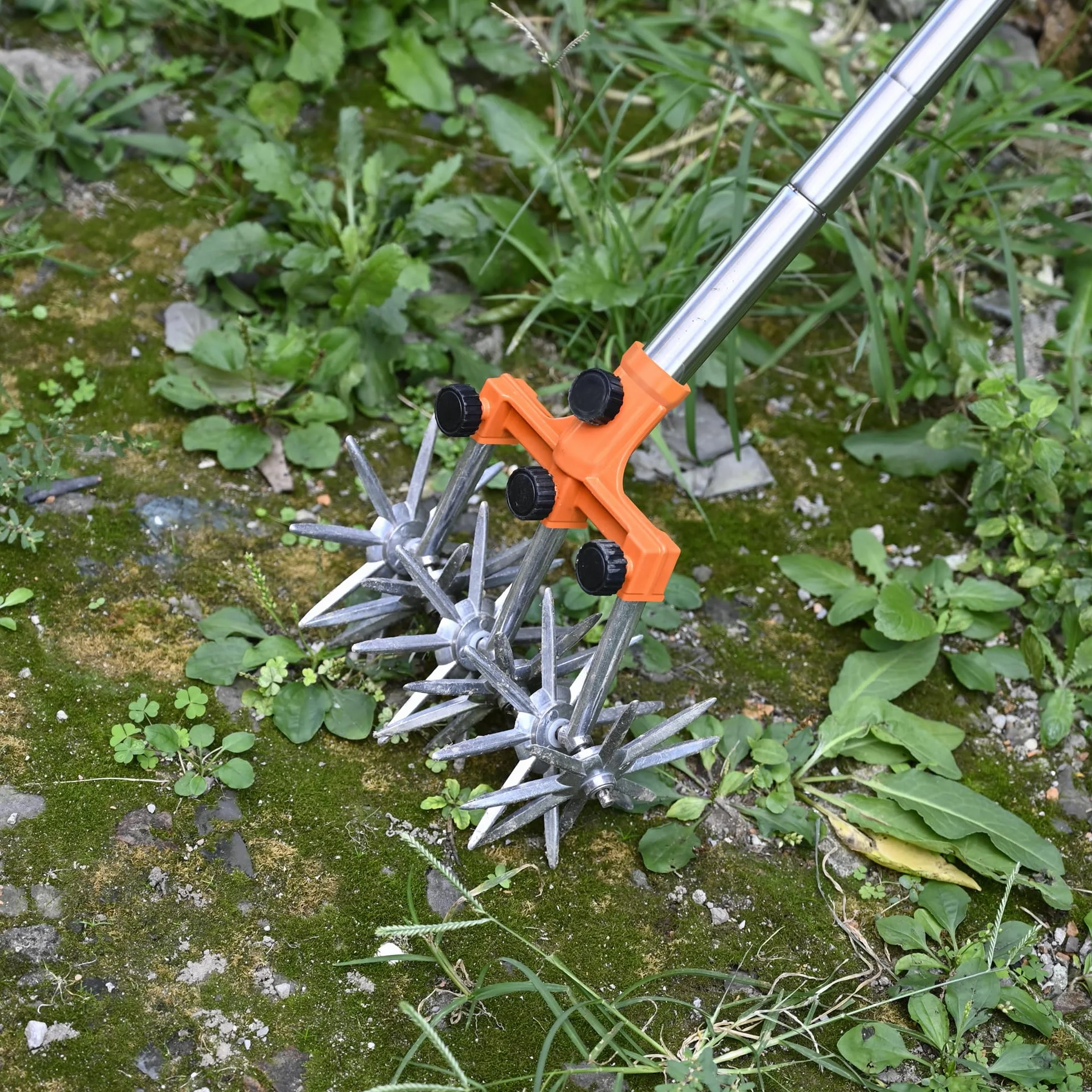 BARAYSTUS Rotary Cultivator Garden Rotary Tiller Adjustable Stainless Steel Poles Hand Tiller for Soil Mixing or Reseeding Grass Lawn Tiller Total Length 145cm