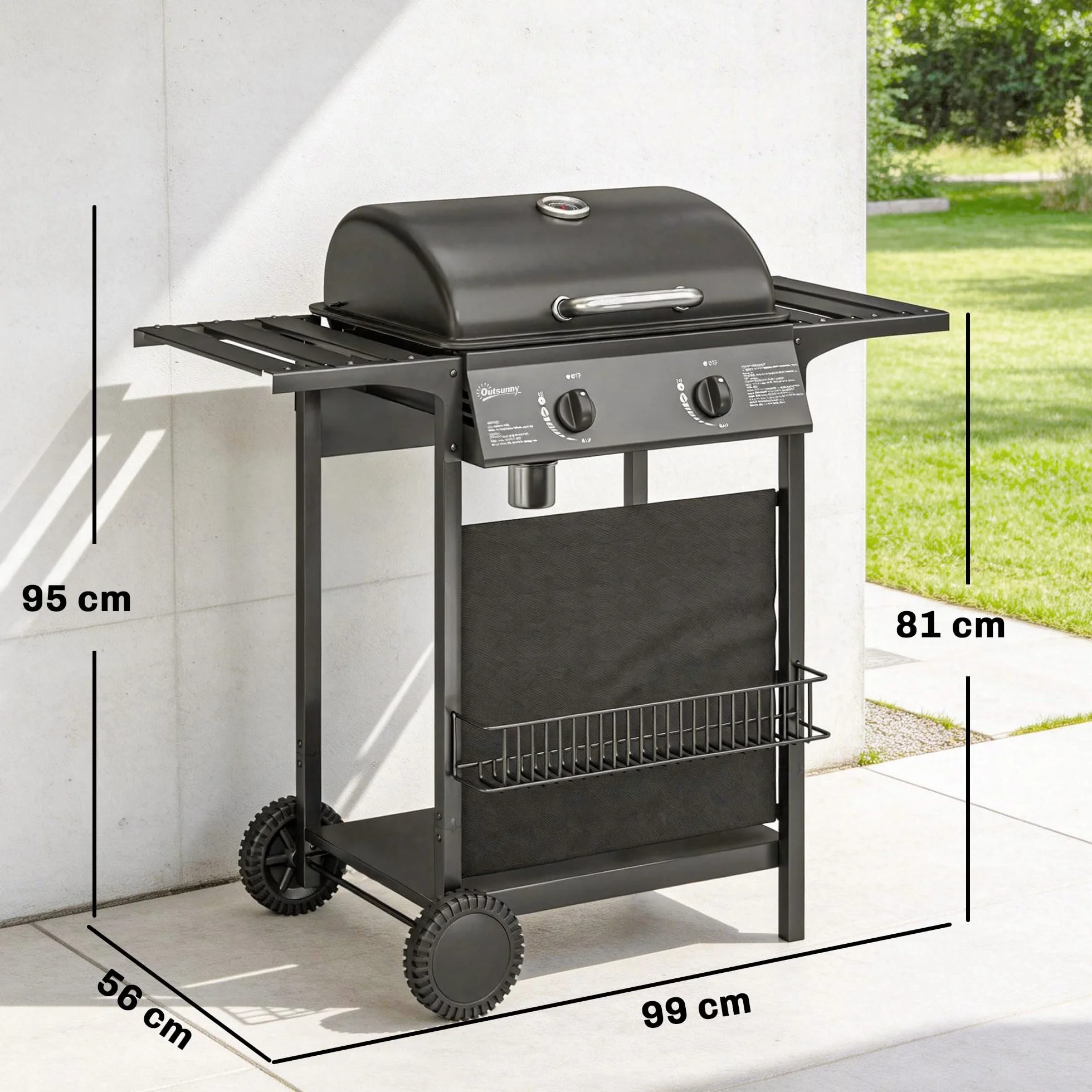 Outsunny Barbecue a Gas 2 Bruciatori 5KW BBQ Portatile Griglia Acciaio Inox con Ruote Giardino