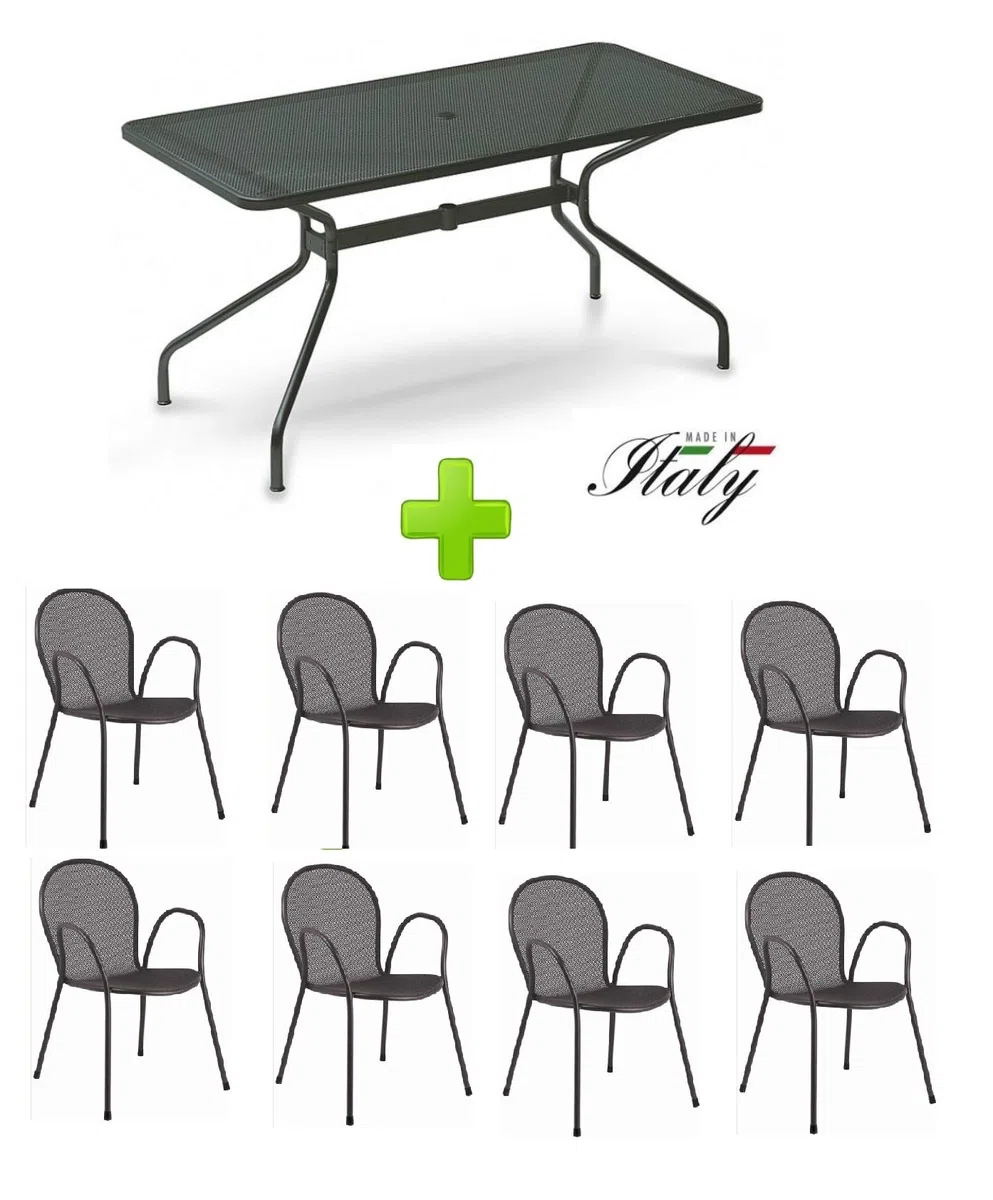 EMU Tavolo per Esterno Cambi 180 x 80 CM Art. 810 + 8 POLTRONE Ronda - Prodotti in Ferro ZINCATO E Verniciato A POLVERI - Colore Ferro Antico Fantasia 22 Prodotto Made in Italy