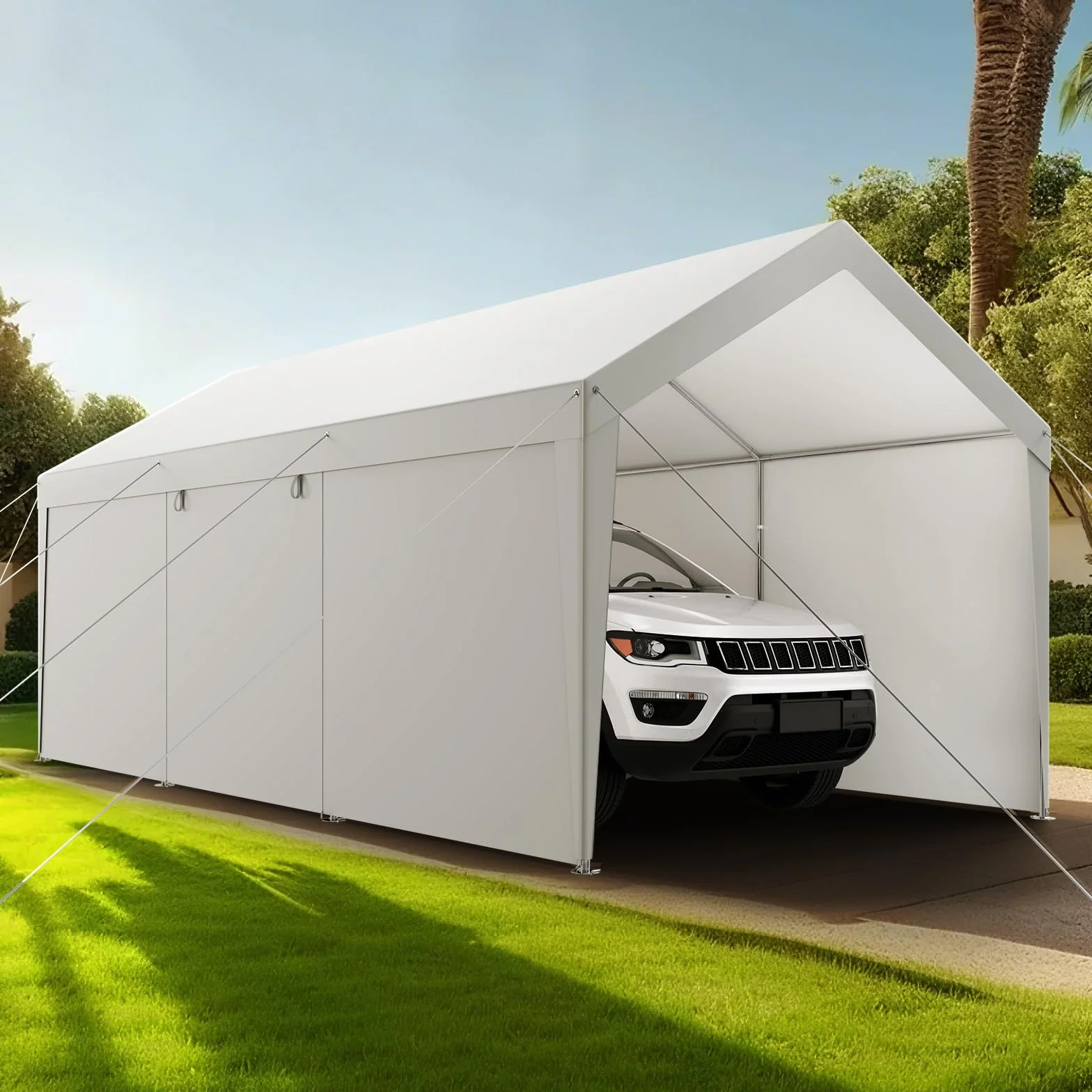 VEVOR Posto Auto Coperto Esterno, Riparo per Auto 3,65 x 6,09 x 3,02 m, Tettoia Potabile con Pareti Laterali e Porta Rimovibili, Resistente ai Raggi UV e all'Acqua, per Auto e Barca, Bianco