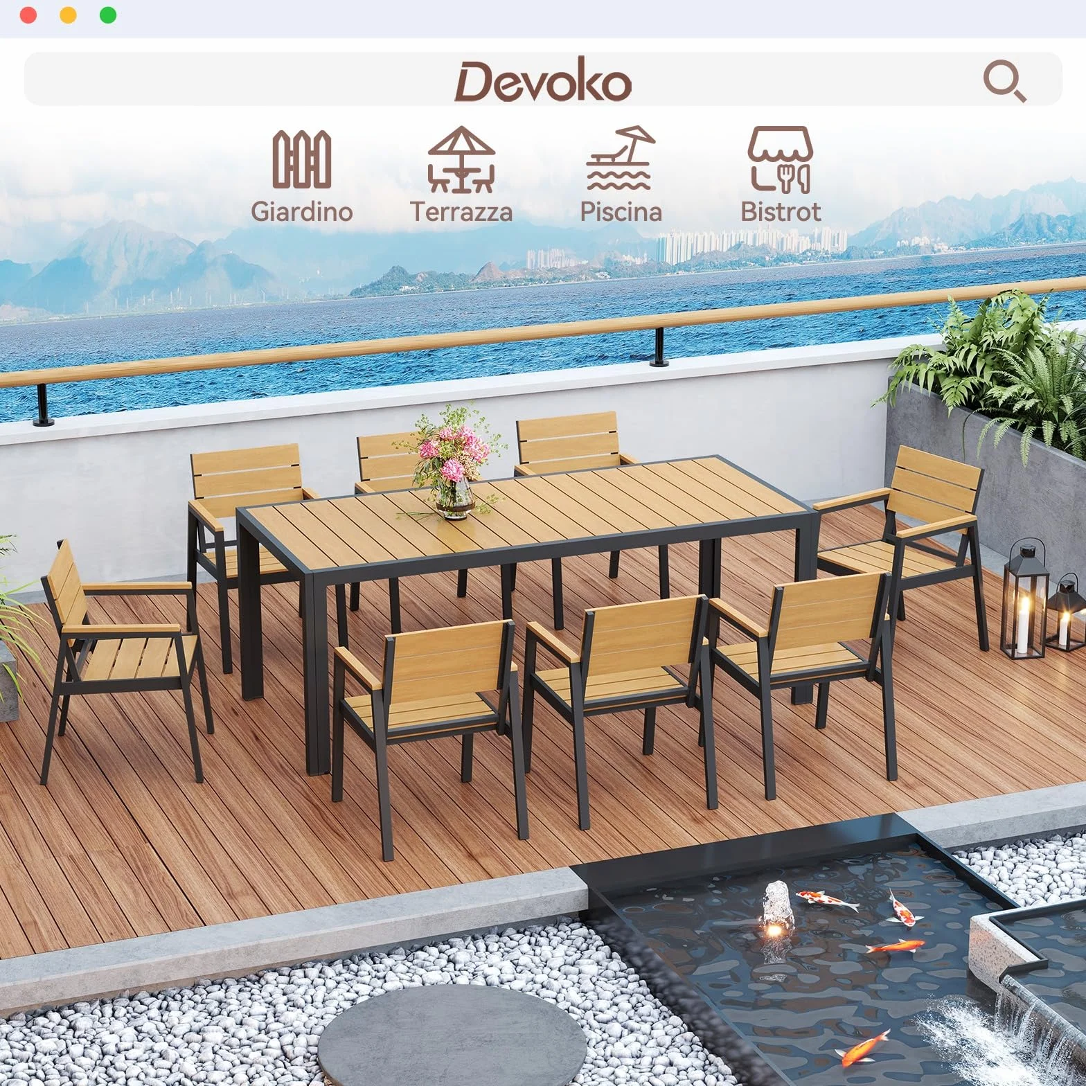 Devoko HDPS Set Tavolo e Sedie da Giardino 9 Pezzi Alluminio Finitura Vena di Legno 189 cm Naturale