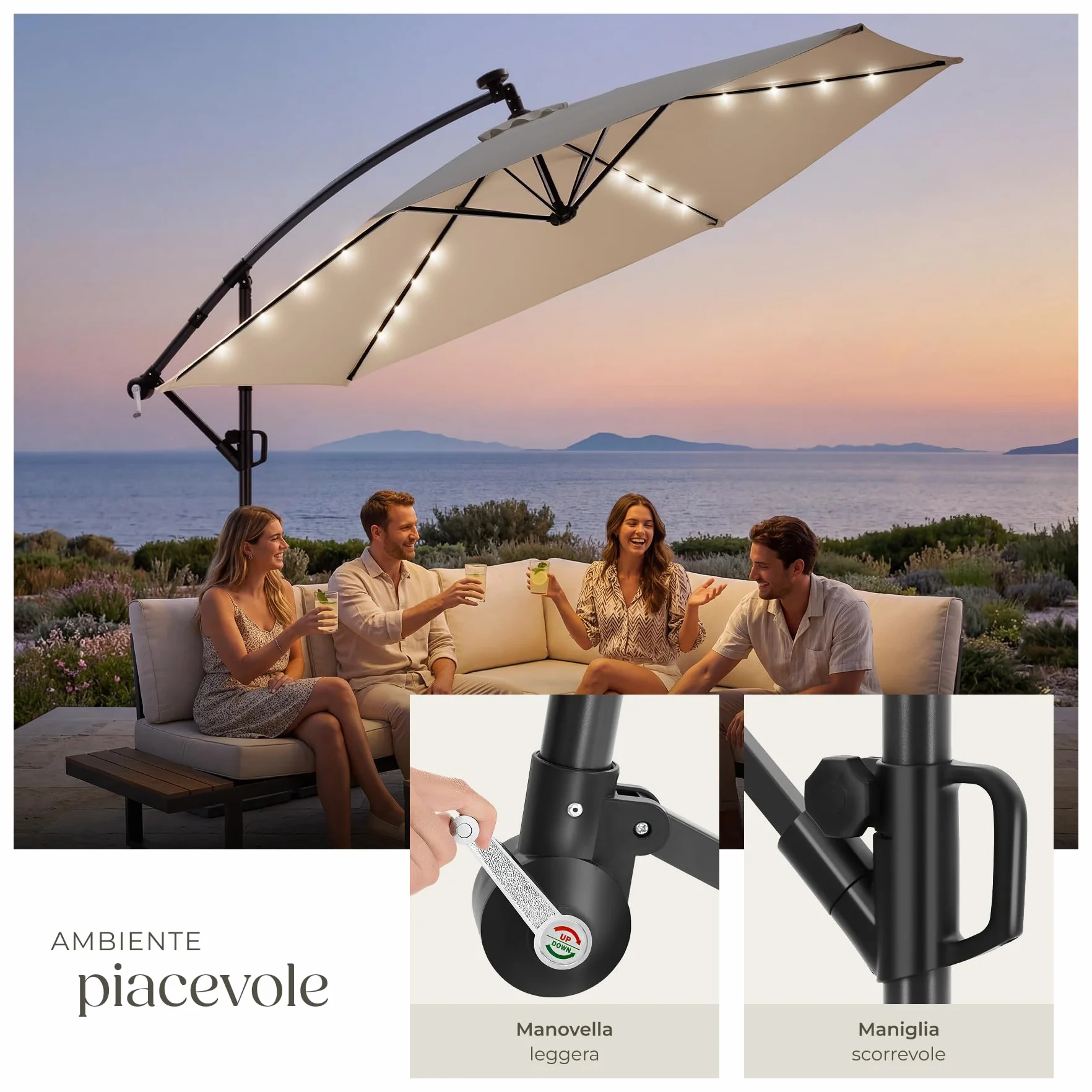 Tectake Ombrellone da Giardino 3,5x3,5 m Braccio Girevole 360° Led Solare Protezione UV 50+