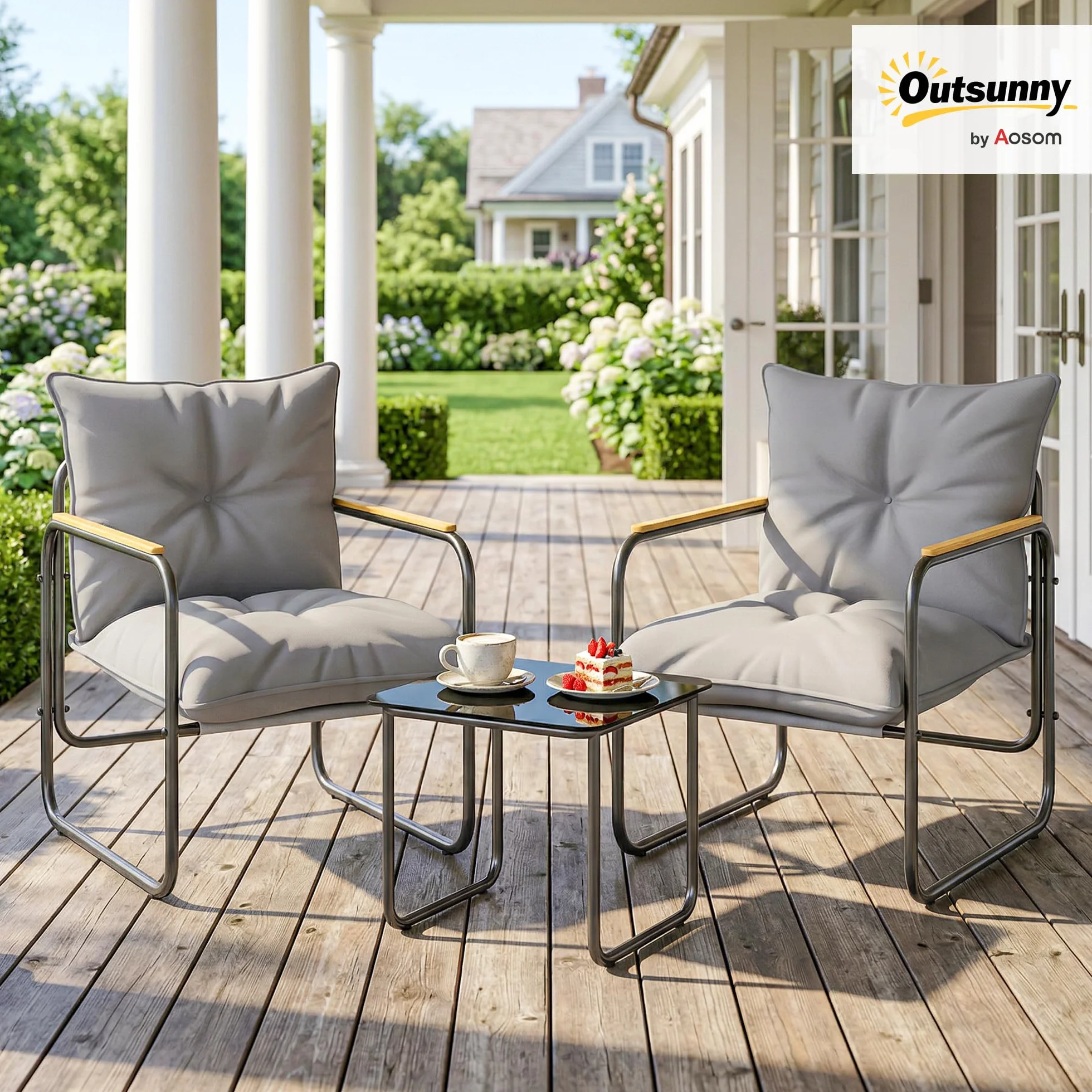 Outsunny Set da Bistrò 3 Pezzi, Set da Giardino in Metallo con 2 Sedie Texteline, Tavolo in Vetro, Cuscini Spessi, Grigio Scuro