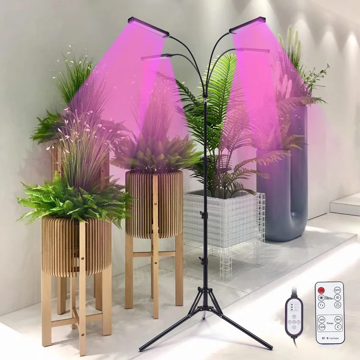 Lampada a 4 teste per piante da interno, luce solare, con clip, per piante e piante
