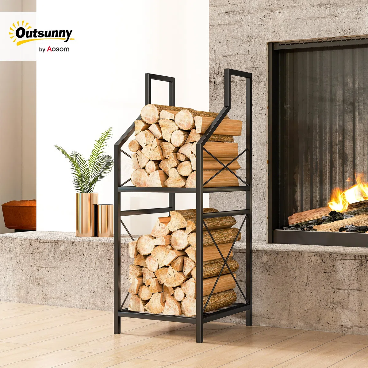 Outsunny Portalegna da Interno Rialzato a 2 Livelli, Legnaia in Metallo 60 kg, 34x30x80 cm, Nero