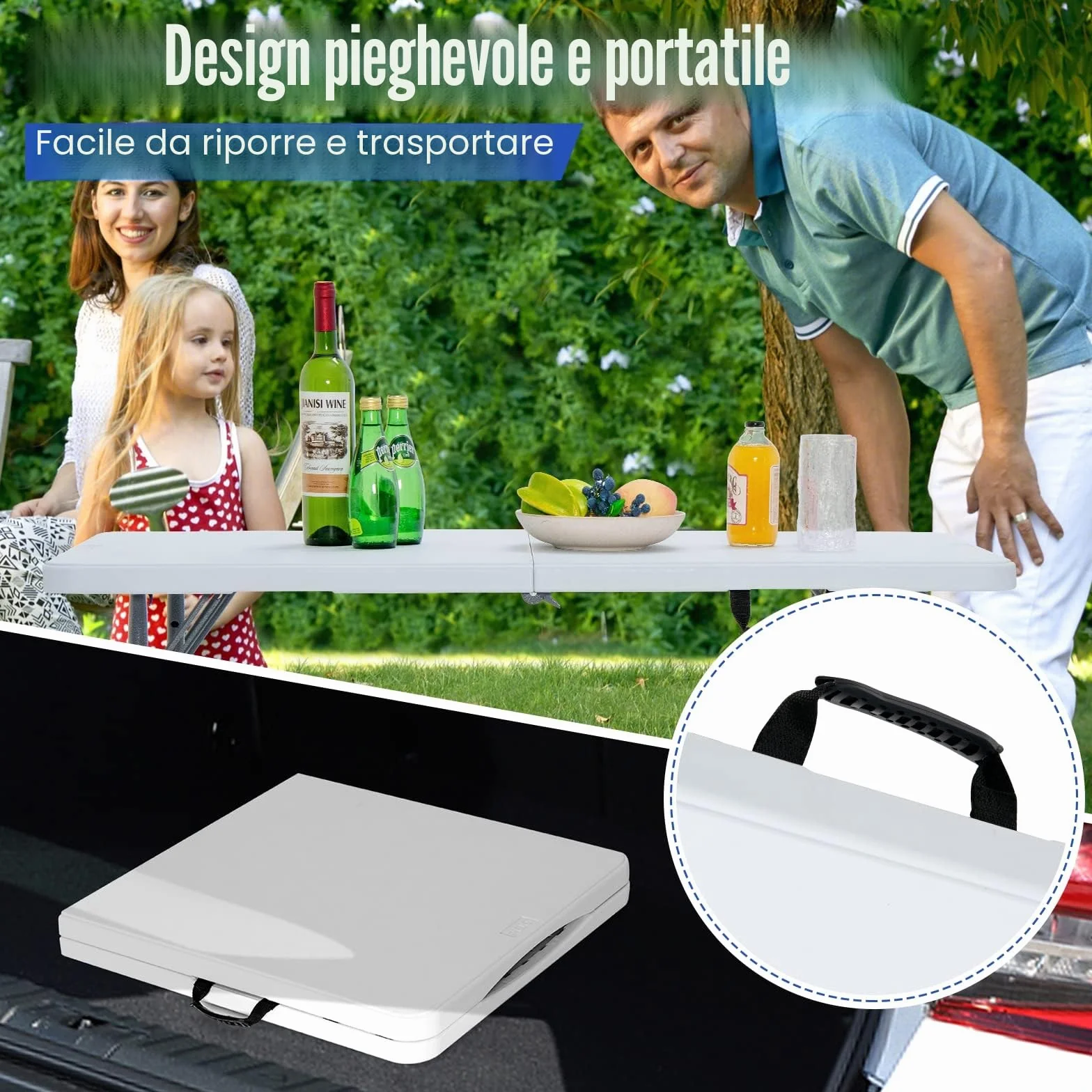 KOMFOTTEU Tavolo Pieghevole Regolabile in Altezza 120x60x74,5 cm Bianco HDPE Ferro Campeggio Picnic