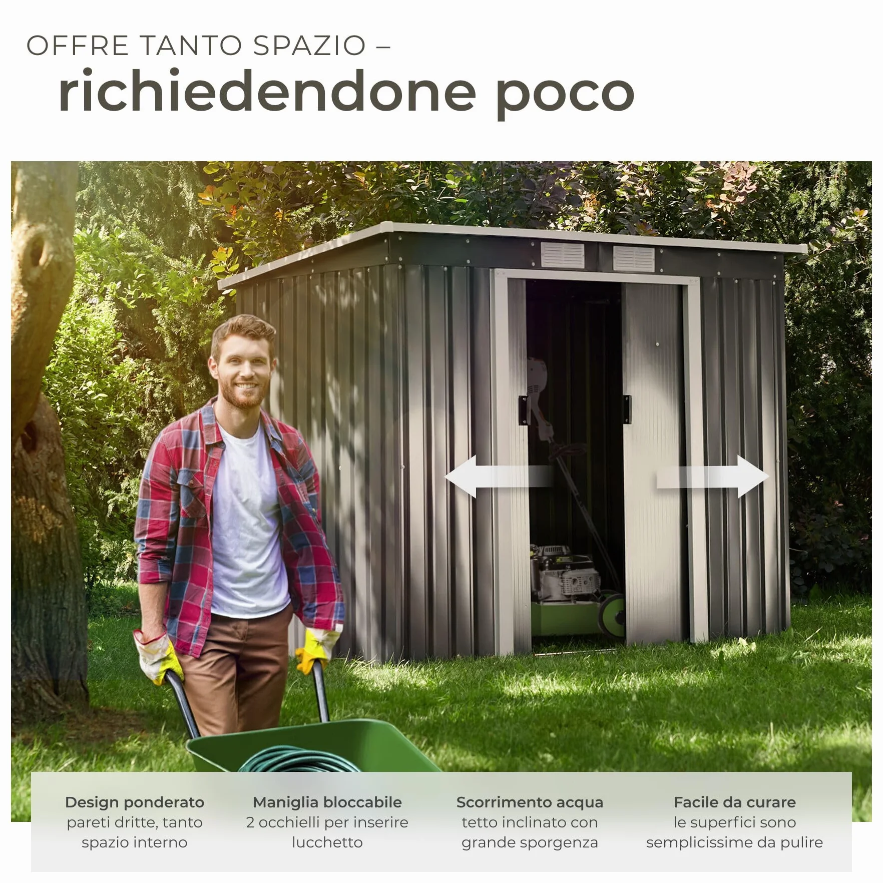 tectake® Casetta da Giardino in Lamiera, Box con Tetto Inclinato, Box da Giardino per Esterno con Porta Scorrevole, Lamiera in Acciaio, Fondamenta in Metallo - Grigio/Bianco