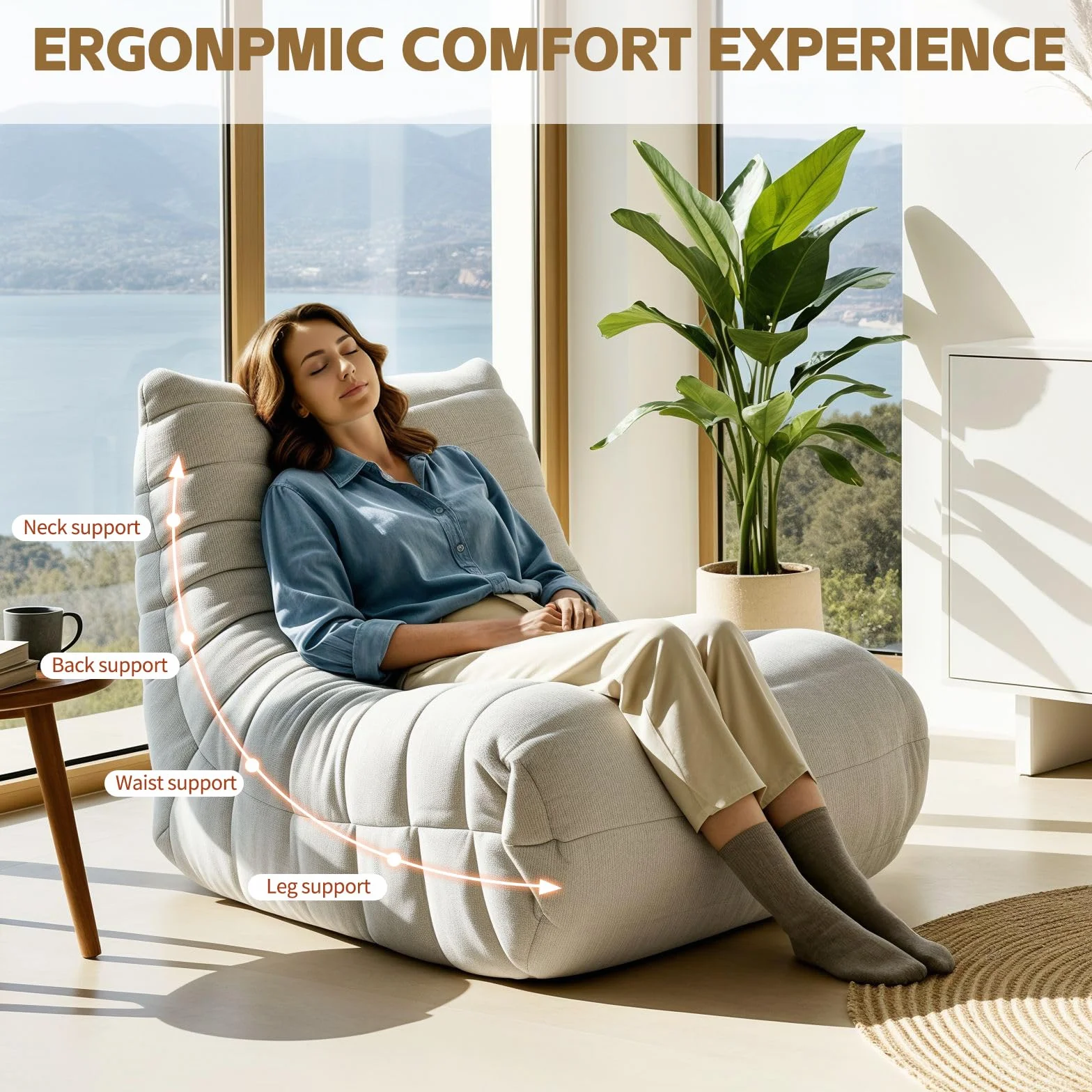 HealthRelife Bean Bag Togo Style Memory Foam Floor Sofa Beige