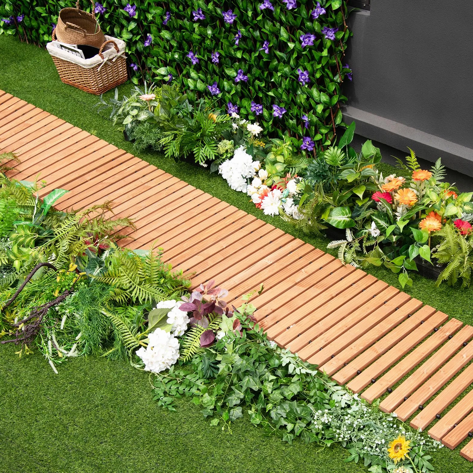 SOARS Passerella da Giardino Arrotolabile 245 cm, Sentiero da Prato in Legno di Abete con Cavi in Acciaio, Percorso da Prato Antiscivolo per Cortile e Spiaggia (Marrone, 245 x 43 cm)