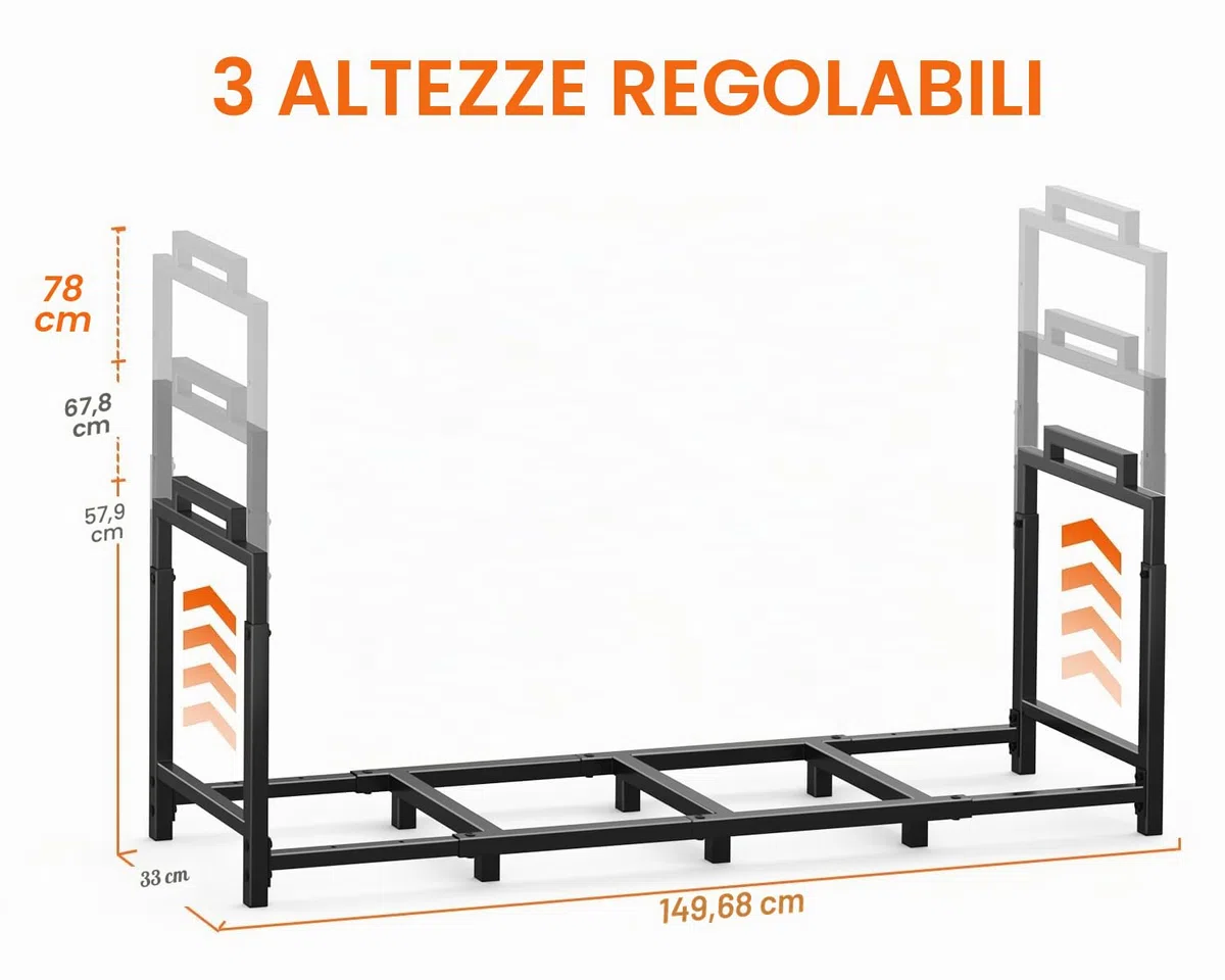 Portalegna Rettangolare Regolabile Antigraffio Metallo 400lbs 128-150x33x58-78cm Nero