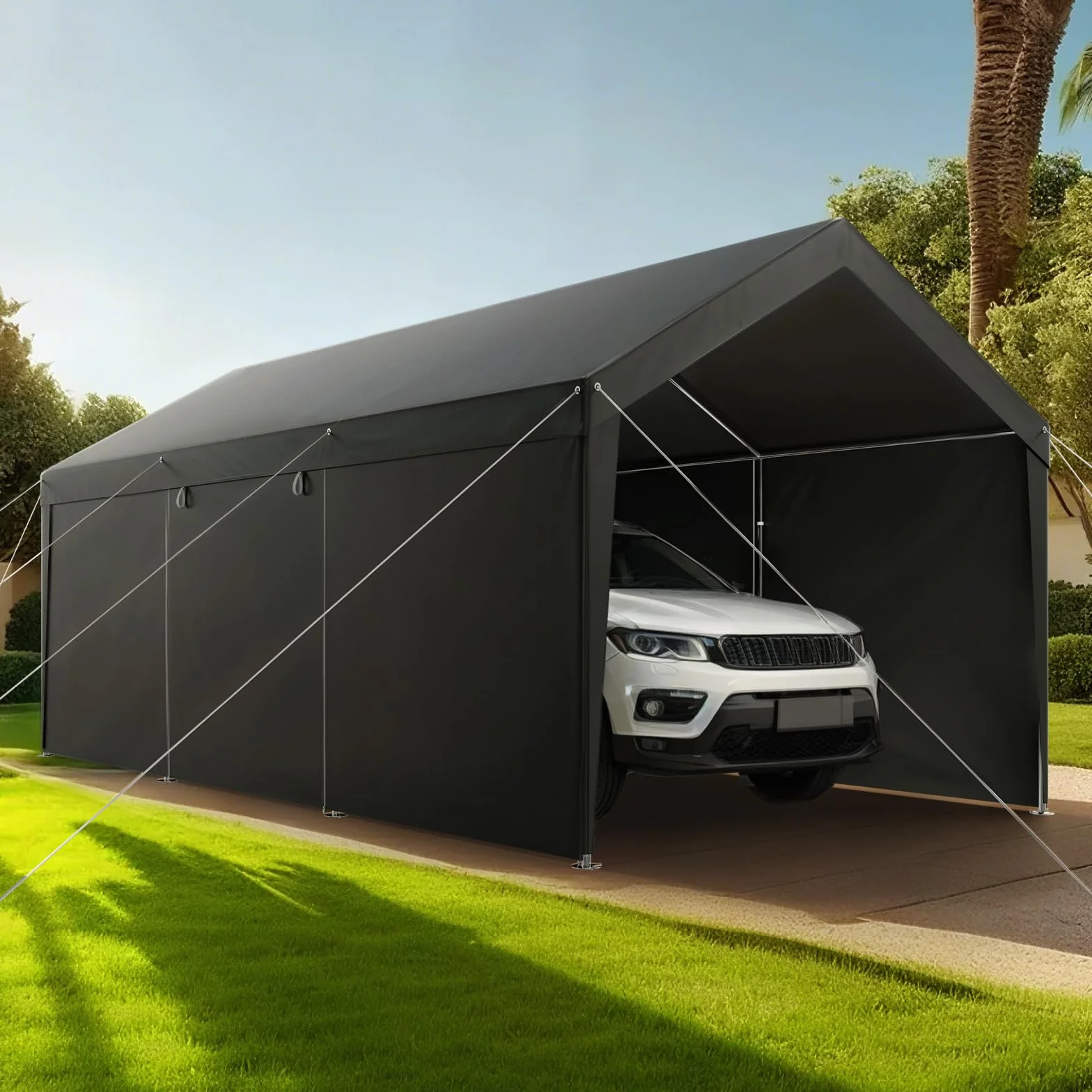 VEVOR Posto Auto Coperto Esterno, Riparo per Auto 3,05 x 6,09 x 2,87 m, Tettoia Potabile con Pareti Laterali e Porta Rimovibili, Resistente ai Raggi UV e all'Acqua, per Auto e Barca, Grigio