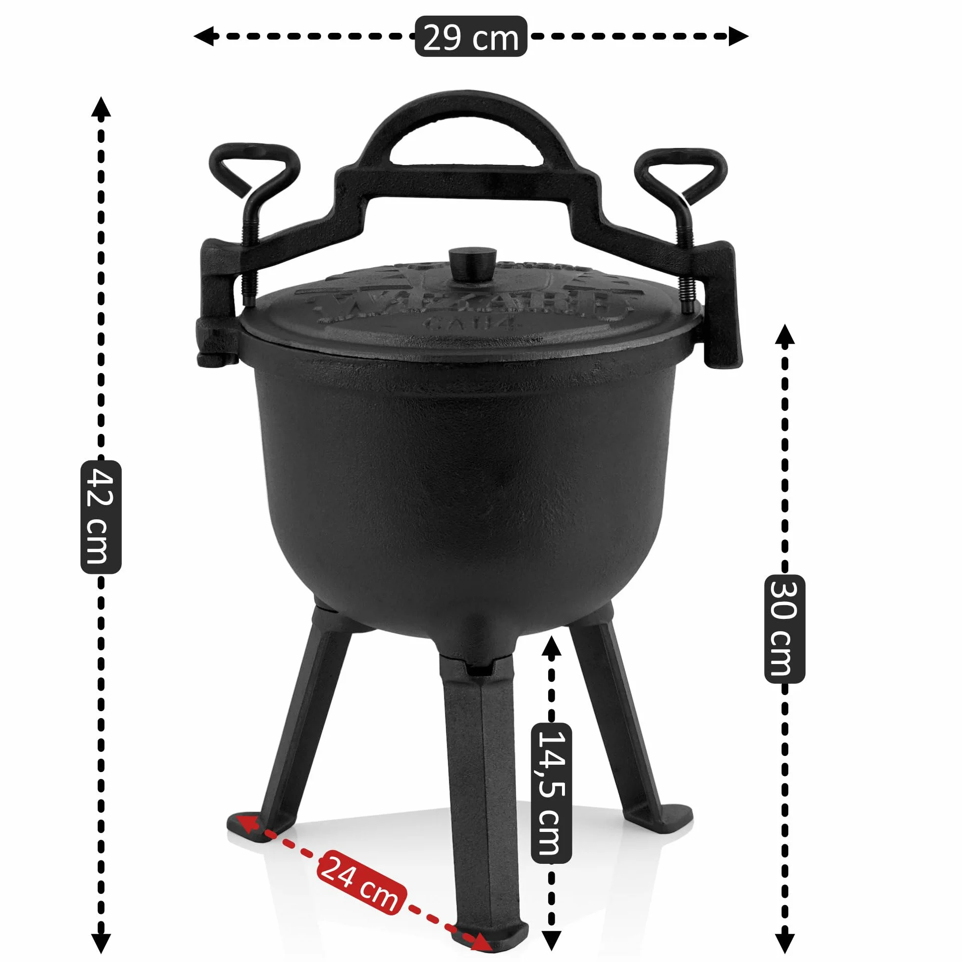 BBQ-Toro Wizard Cauldron | Pentola di cottura in ghisa | Pentola in ghisa con tre gambe, coperchio, staffa e viti di bloccaggio | Calderone per streghe (4 litro)