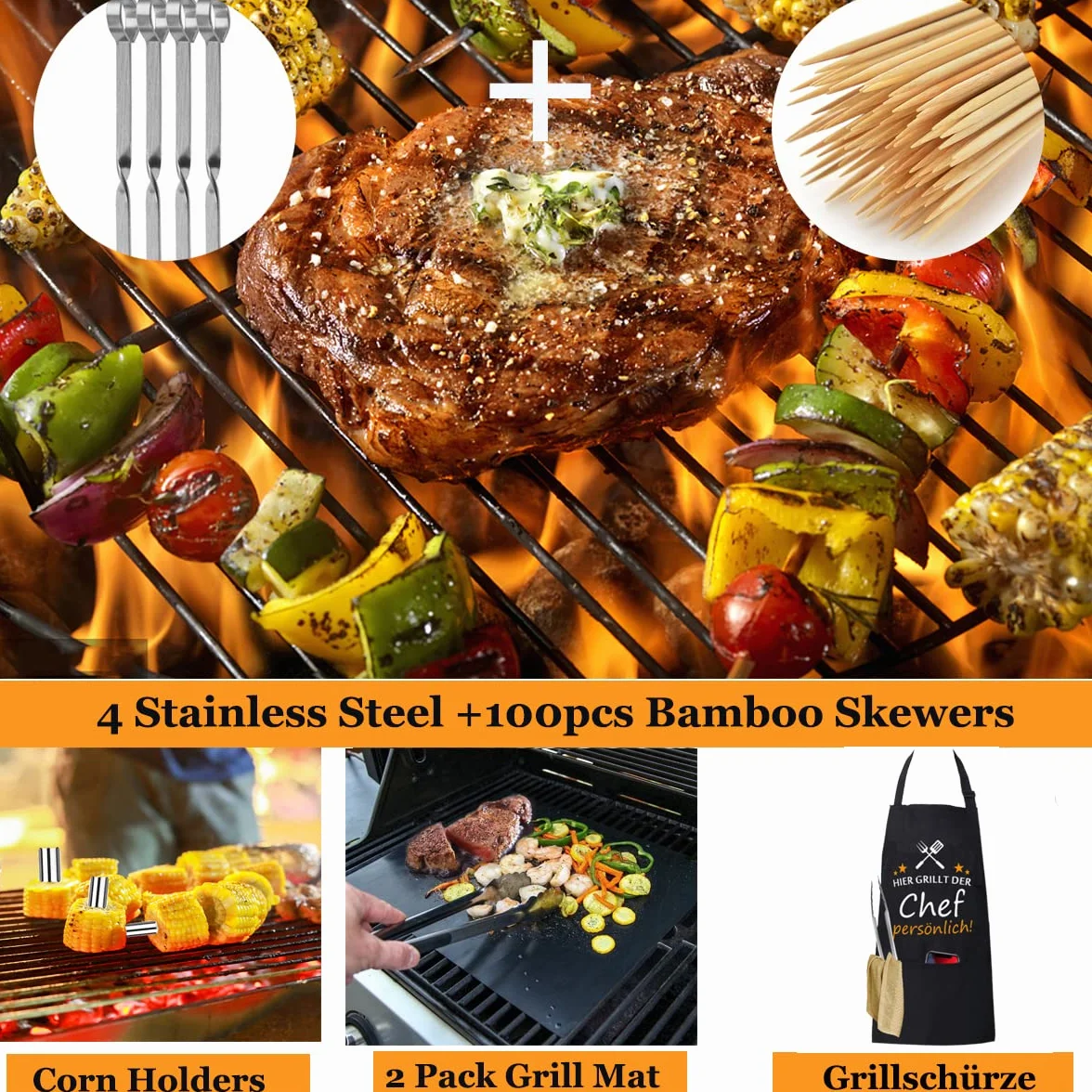 MUJUZE Set Barbecue Uomo Regalo, Kit Barbecue Accessori BBQ Professionale in Acciaio Inox,BBQ Set Accessori,Utensili barbecue per All'aperto Campeggio